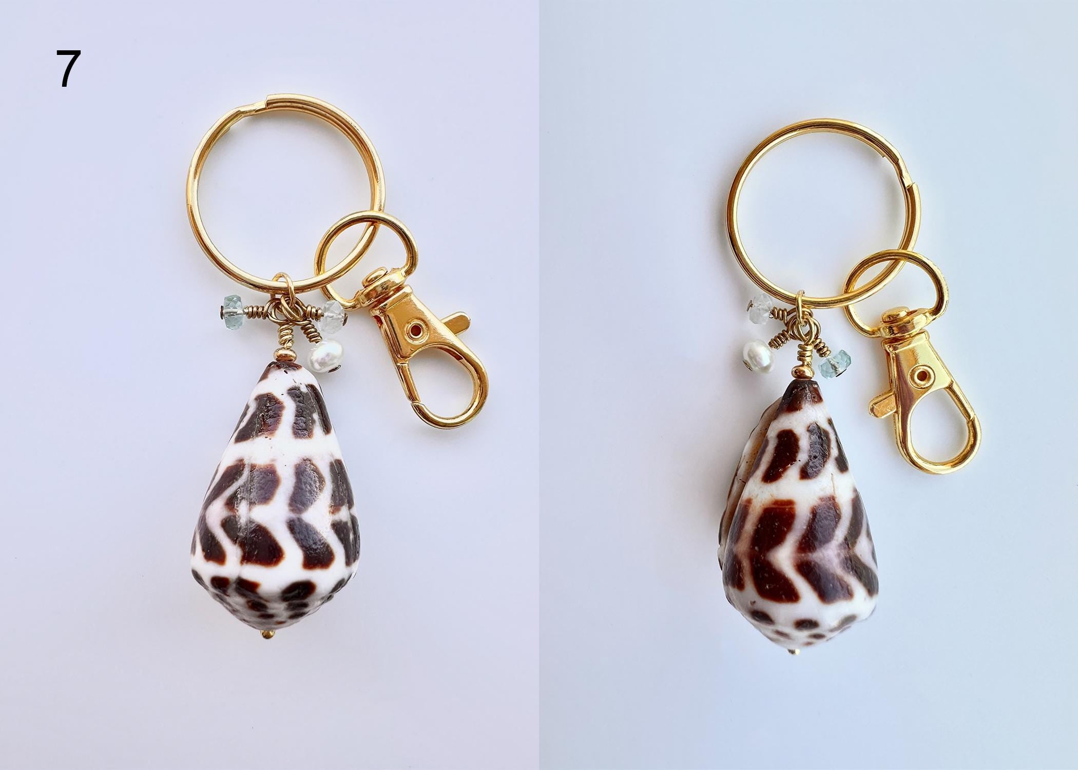 Hawaiian Cone or Cowrie Shell Keychain with Freshwater Pearls and Aquamarine