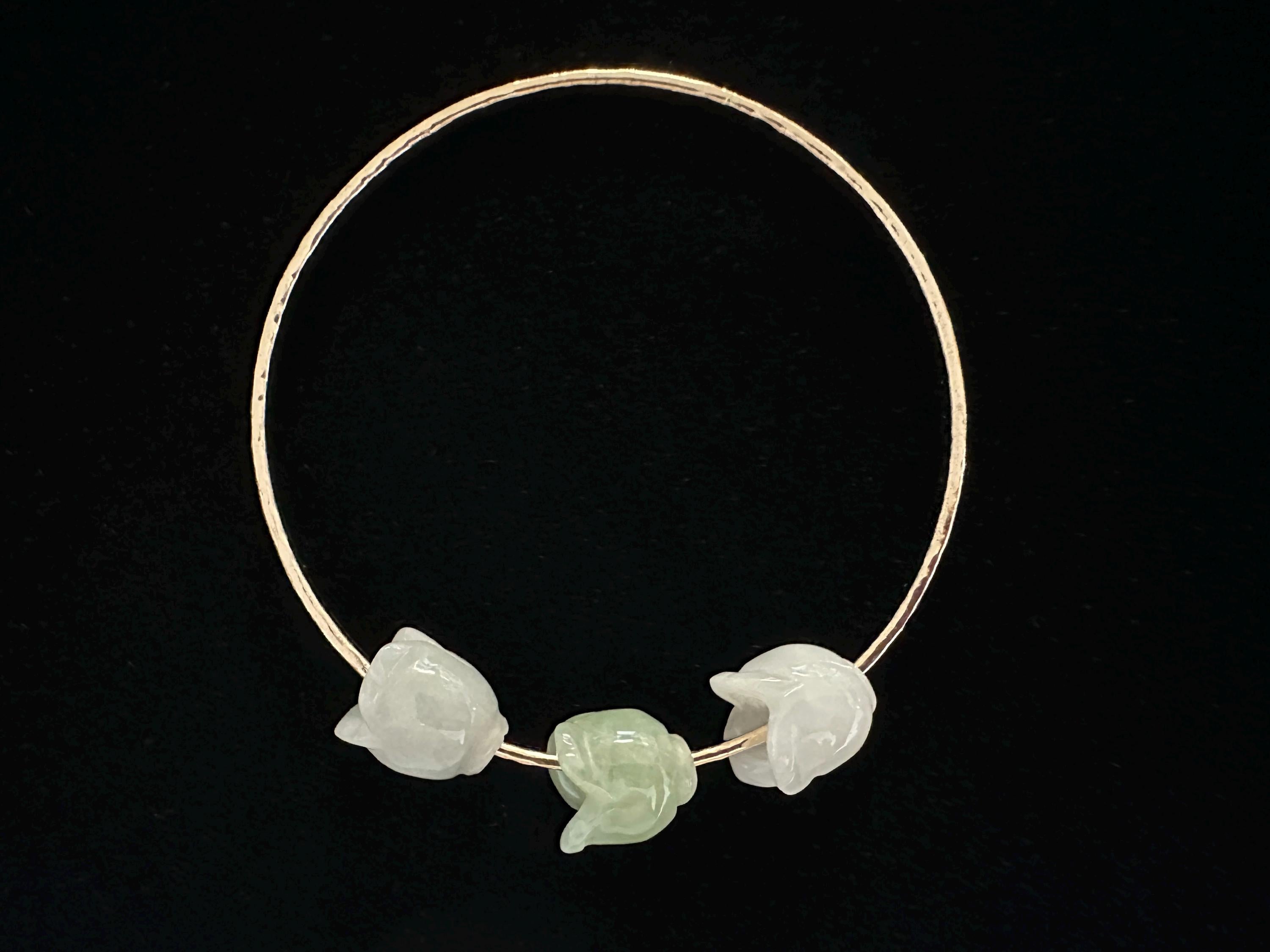 Triple Jade Flower Hammered Bangle with Type A Natural Untreated Burmese Jadeite