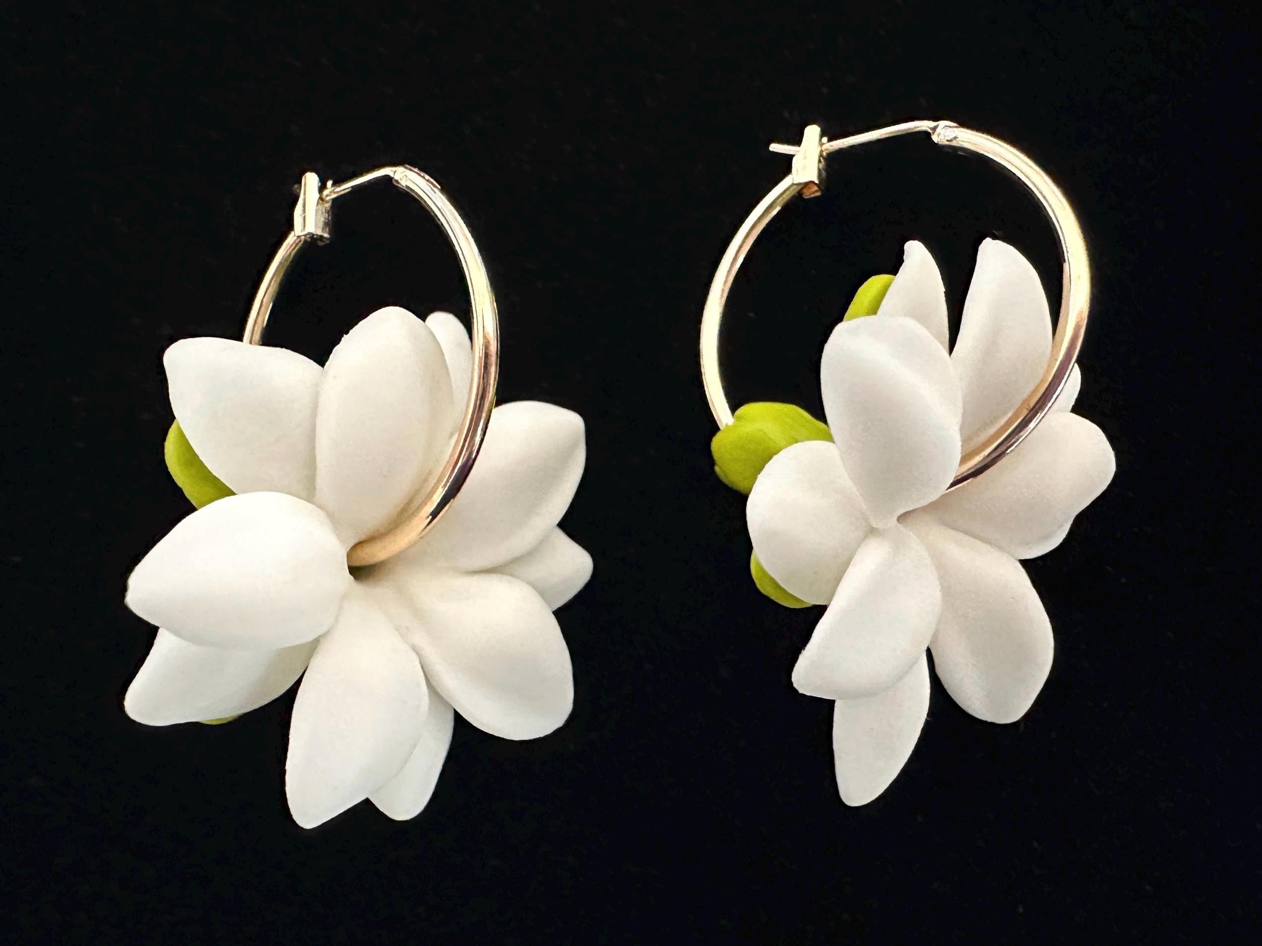 White Pikake 18K Gold Filled Hoop Earrings Hawaiian Jasmine Clay Flowers