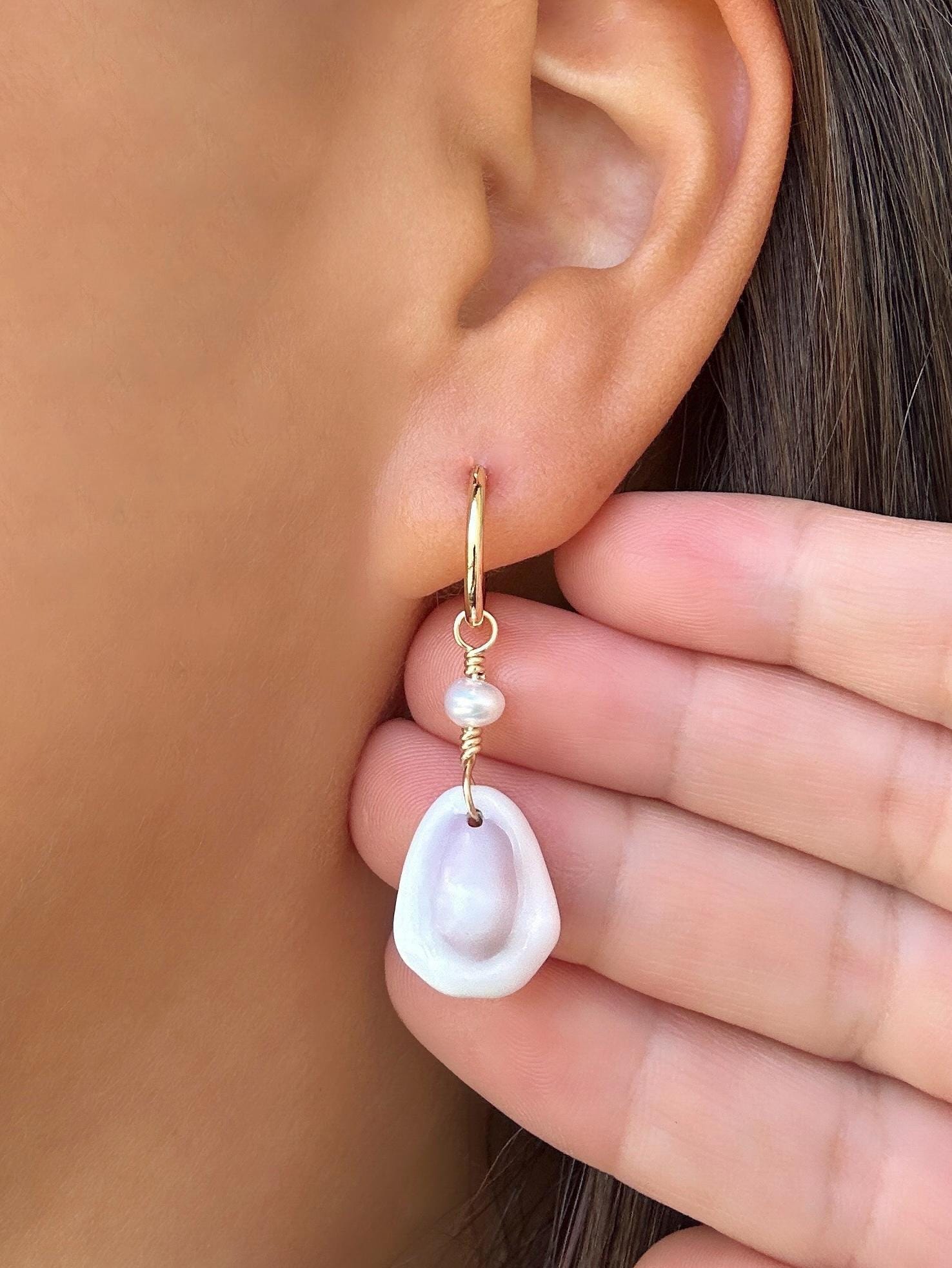 Purple and White Money Cowrie Shell 18K Gold Filled Hoop Earrings with Mini Freshwater Pearls