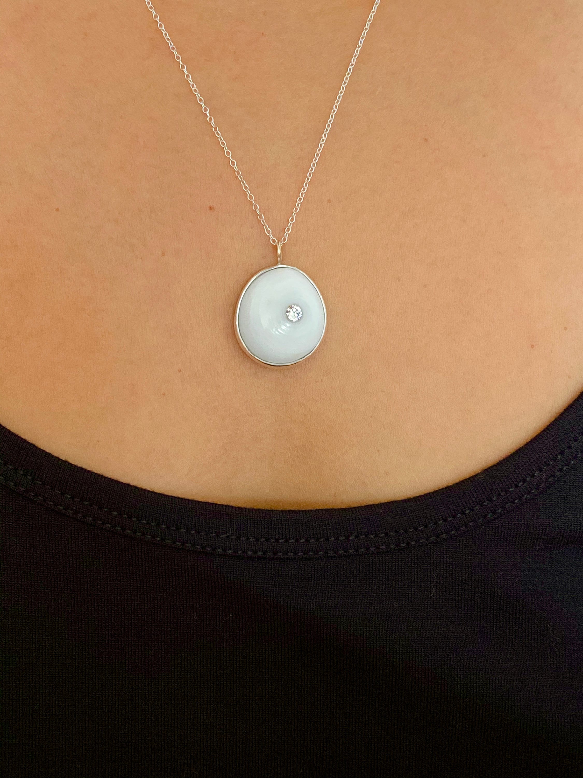 Hawaiian Puka Shell Bezel Set with Swarovski Crystal Necklace in Sterling Silver