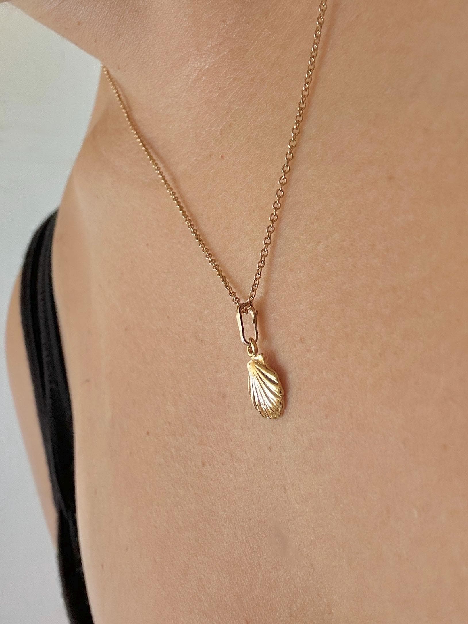 Small Scallop Shell Charm Necklace on 14K Gold Filled Chain