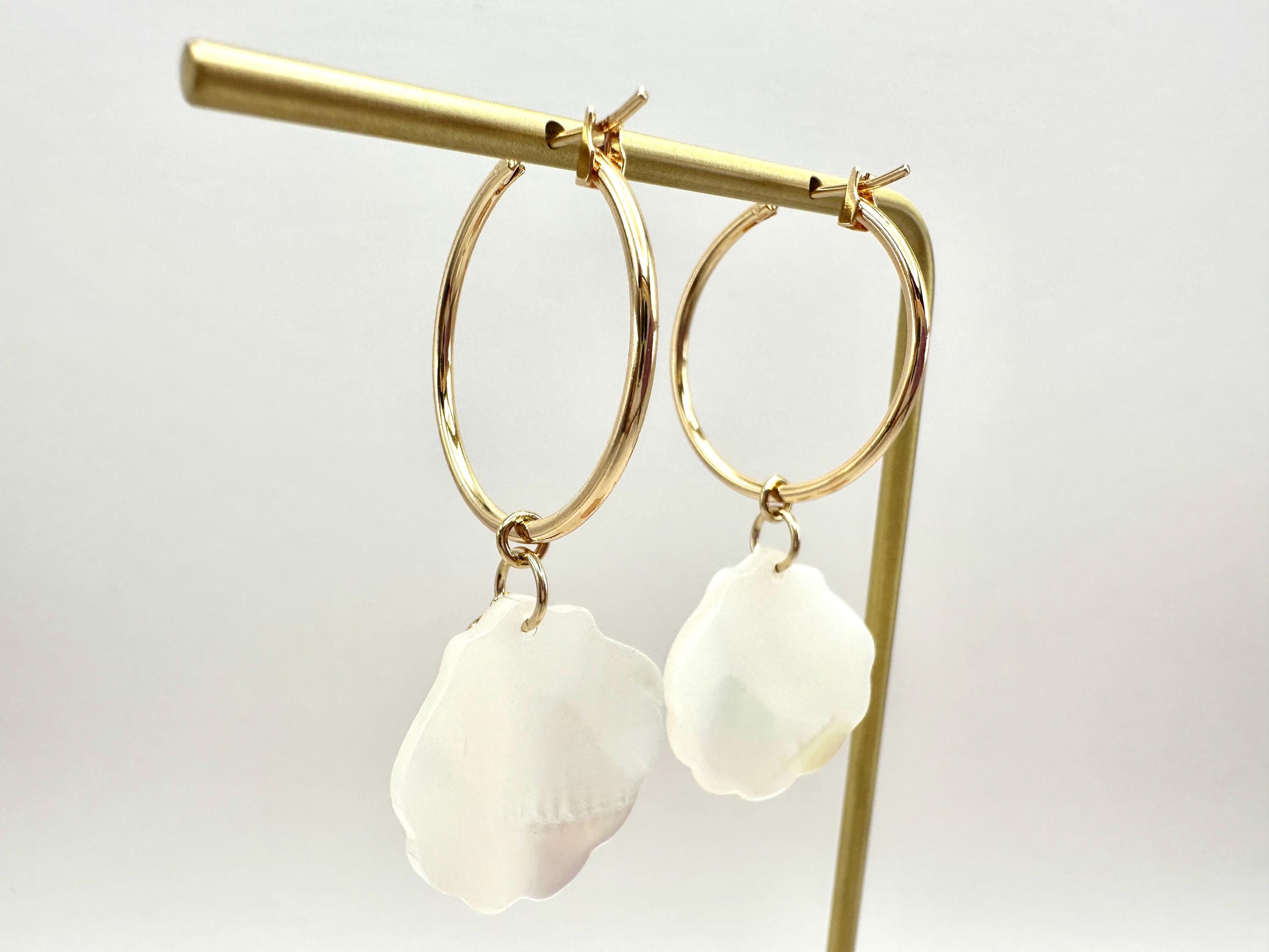 Mother of Pearl Scallop Shell with Sparkling Cubic Zirconia Charm 18K Gold Filled Hoop Earrings