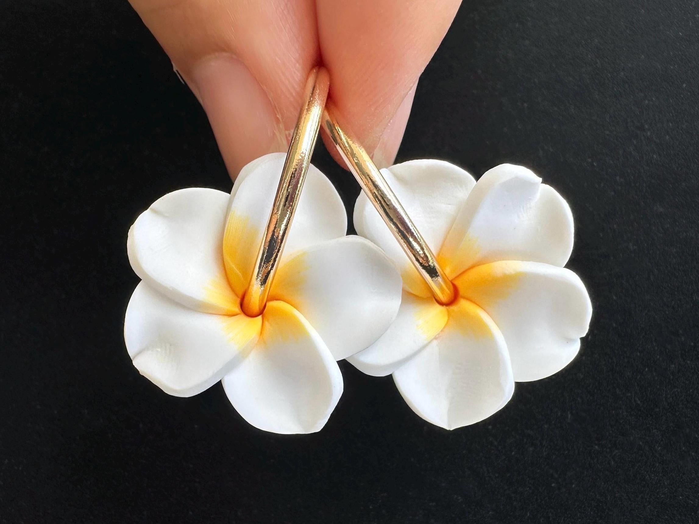 Gold Hoop Plumeria Earrings Hawaiian Frangipani Polymer Clay Flowers