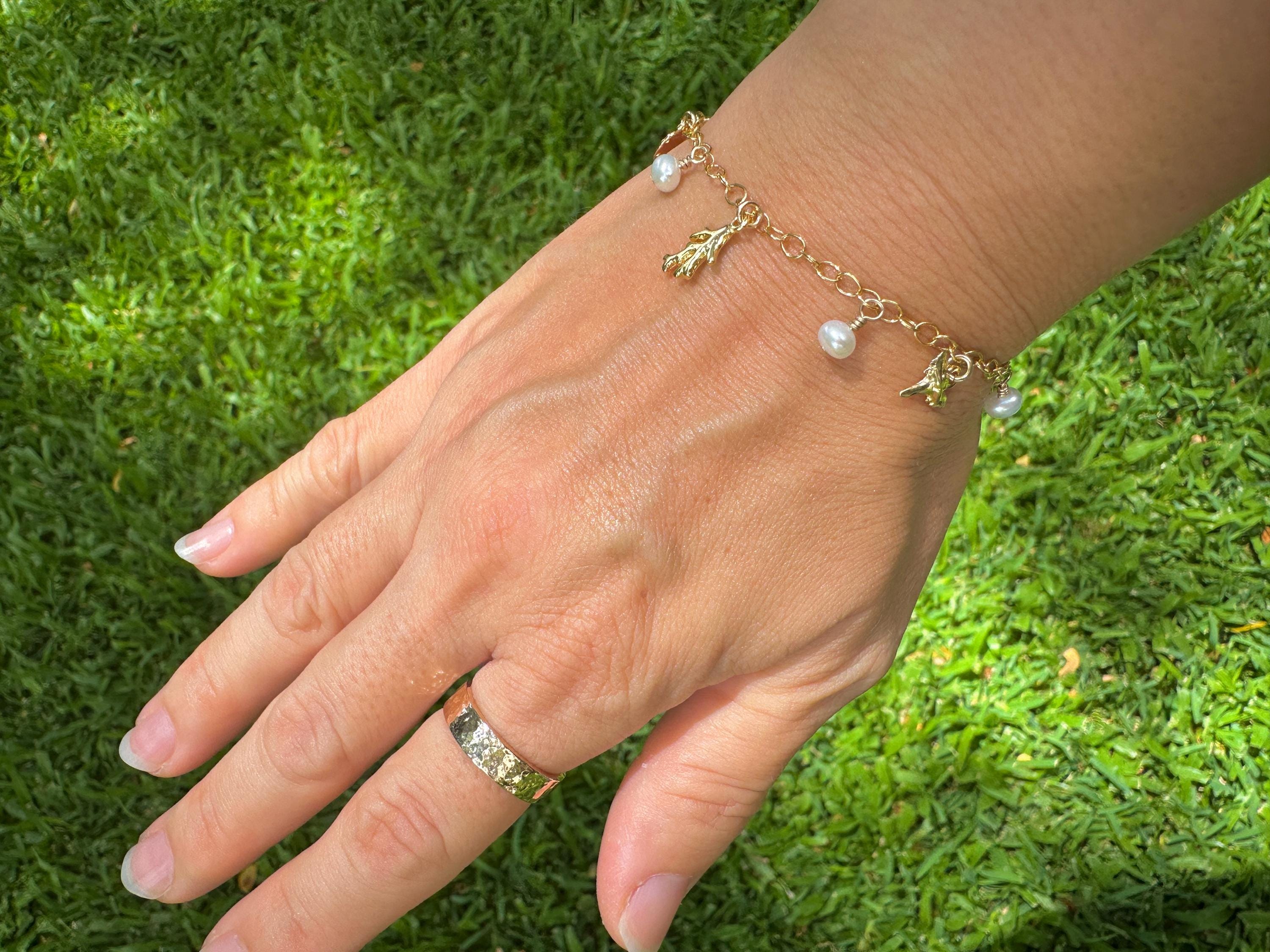 Ocean Inspired Charms and Freshwater Pearl Bracelet on 14K Gold Filled Chain