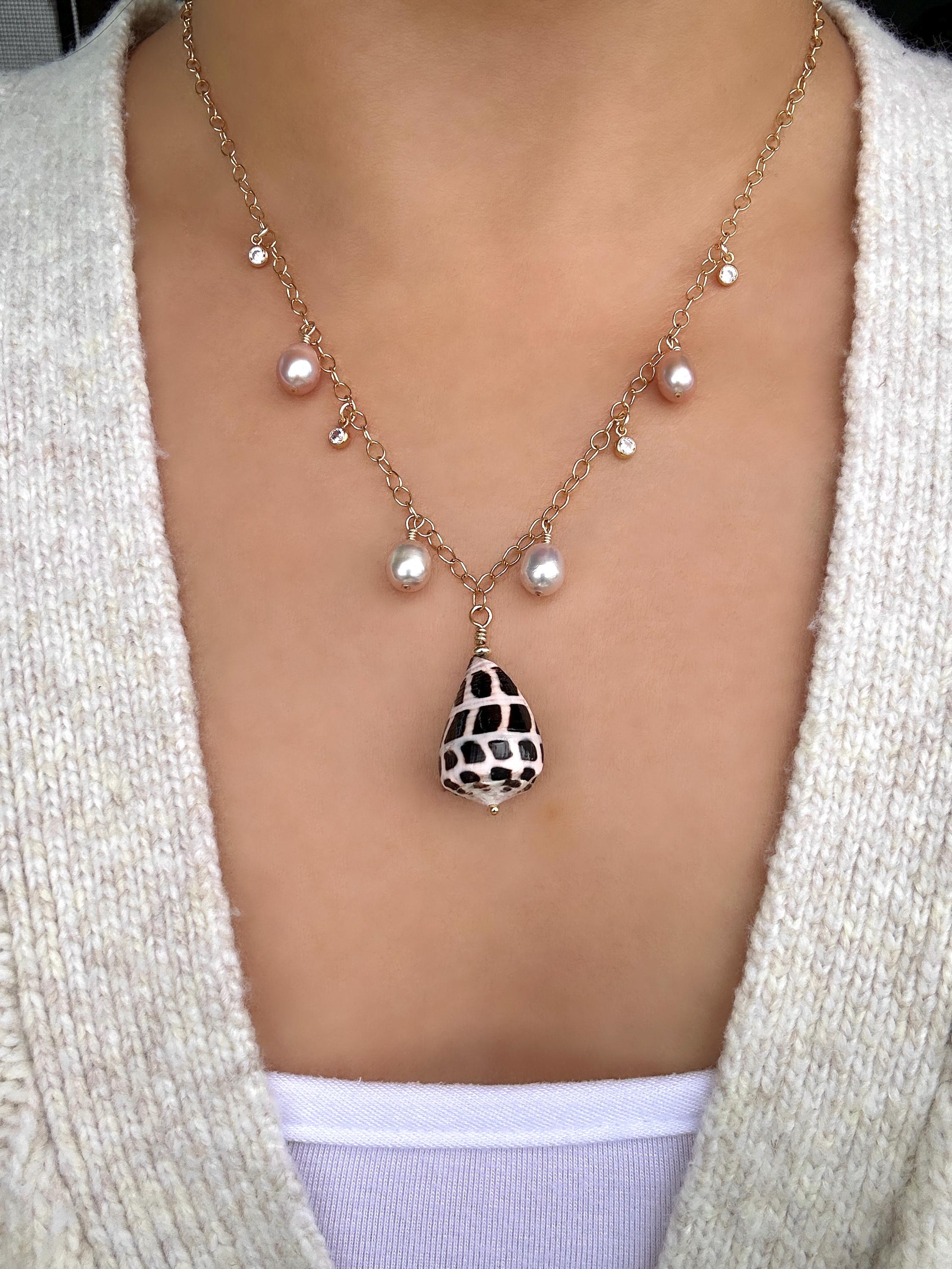 Hebrew Cone Shell, Freshwater Pearl and Sparkling Cubic  ParkerRose | Freshwater Pearl Cubic Zirconia Seashell Charm Necklace main image 0