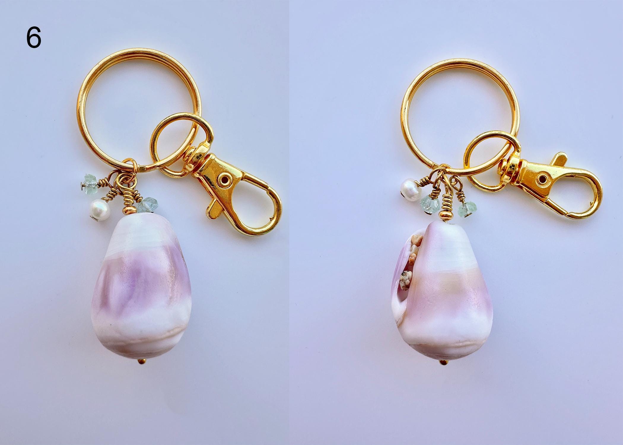 Hawaiian Cone or Cowrie Shell Keychain with Freshwater Pearls and Aquamarine