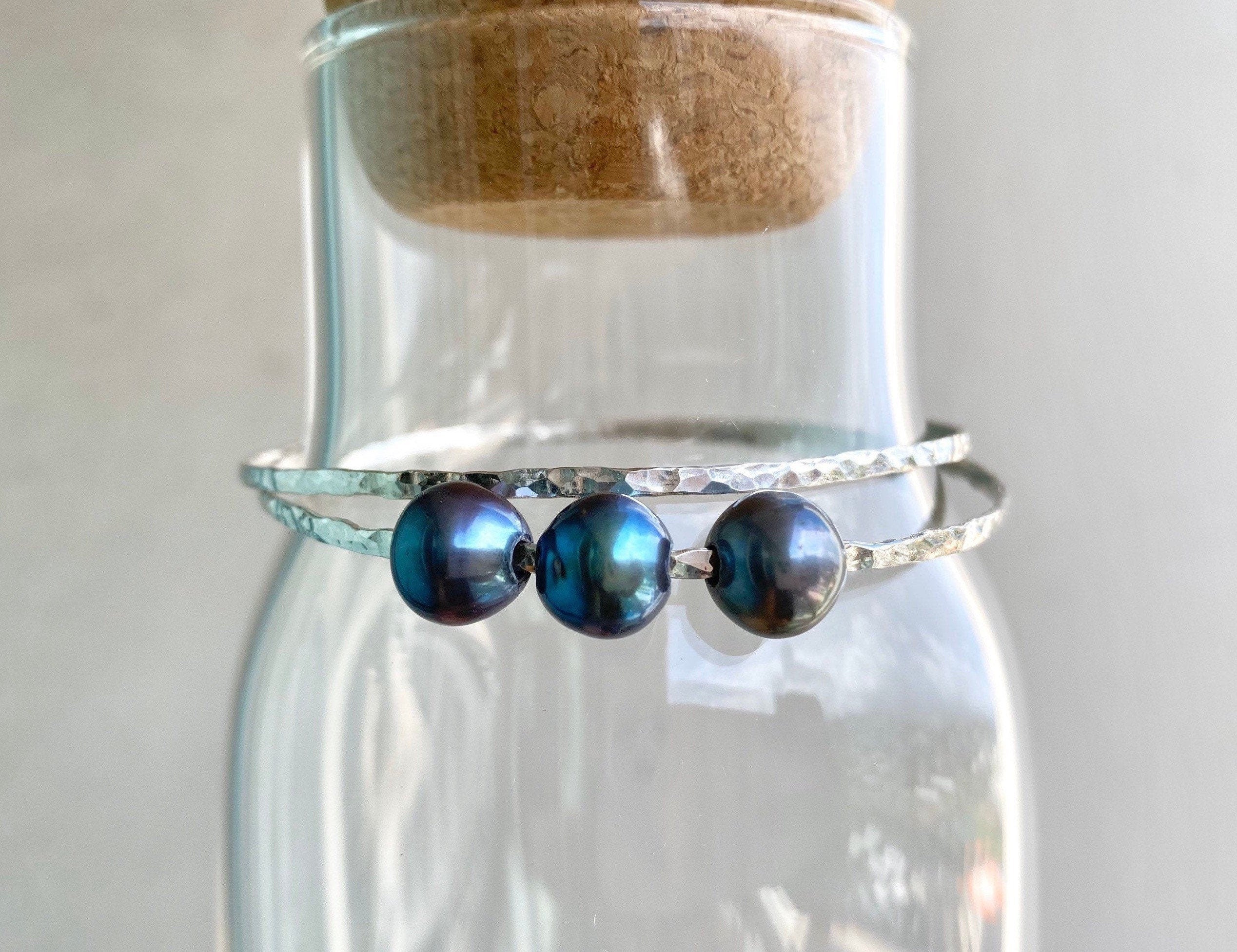 Triple Peacock Blue Freshwater Pearl Hammered Bangle