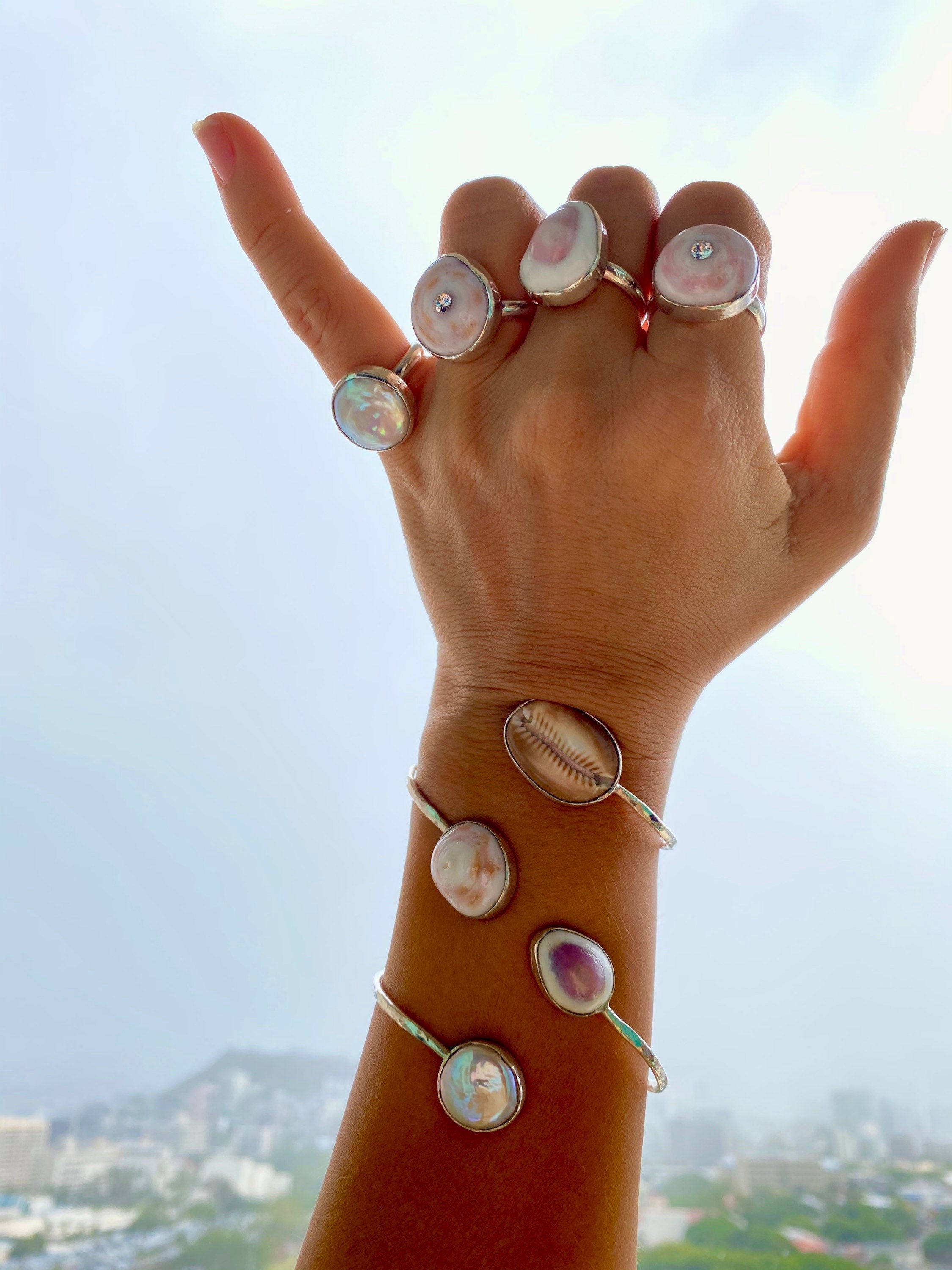 Hawaiian Puka Shell with Swarovski Crystal Sterling Silver Bezel Set Ring