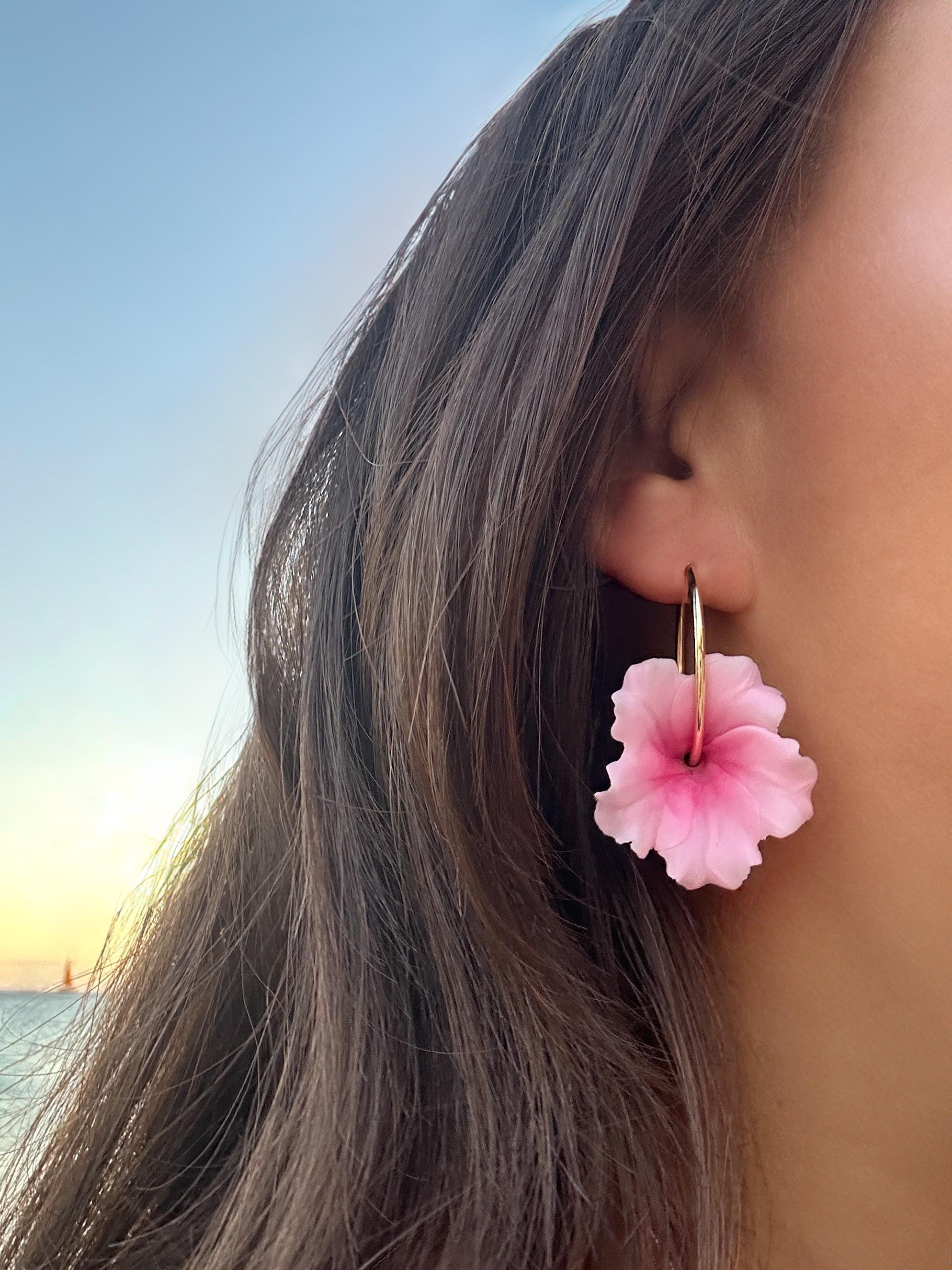 Pink Hibiscus 18K Gold Filled Hoop Earrings Hawaiian Clay Flowers