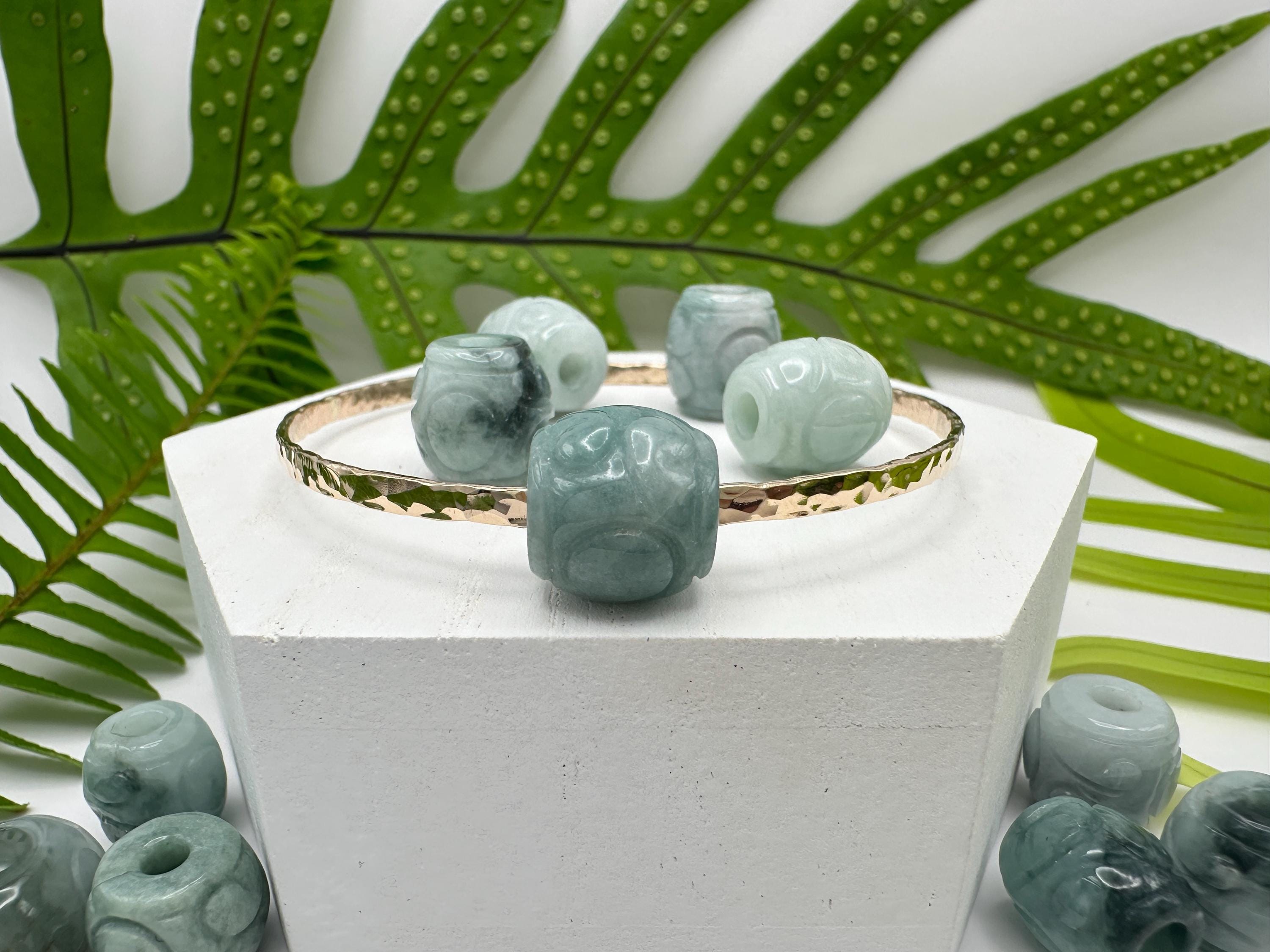 Carved Type A Natural Jade Barrel Bead on a Hammered Bangle