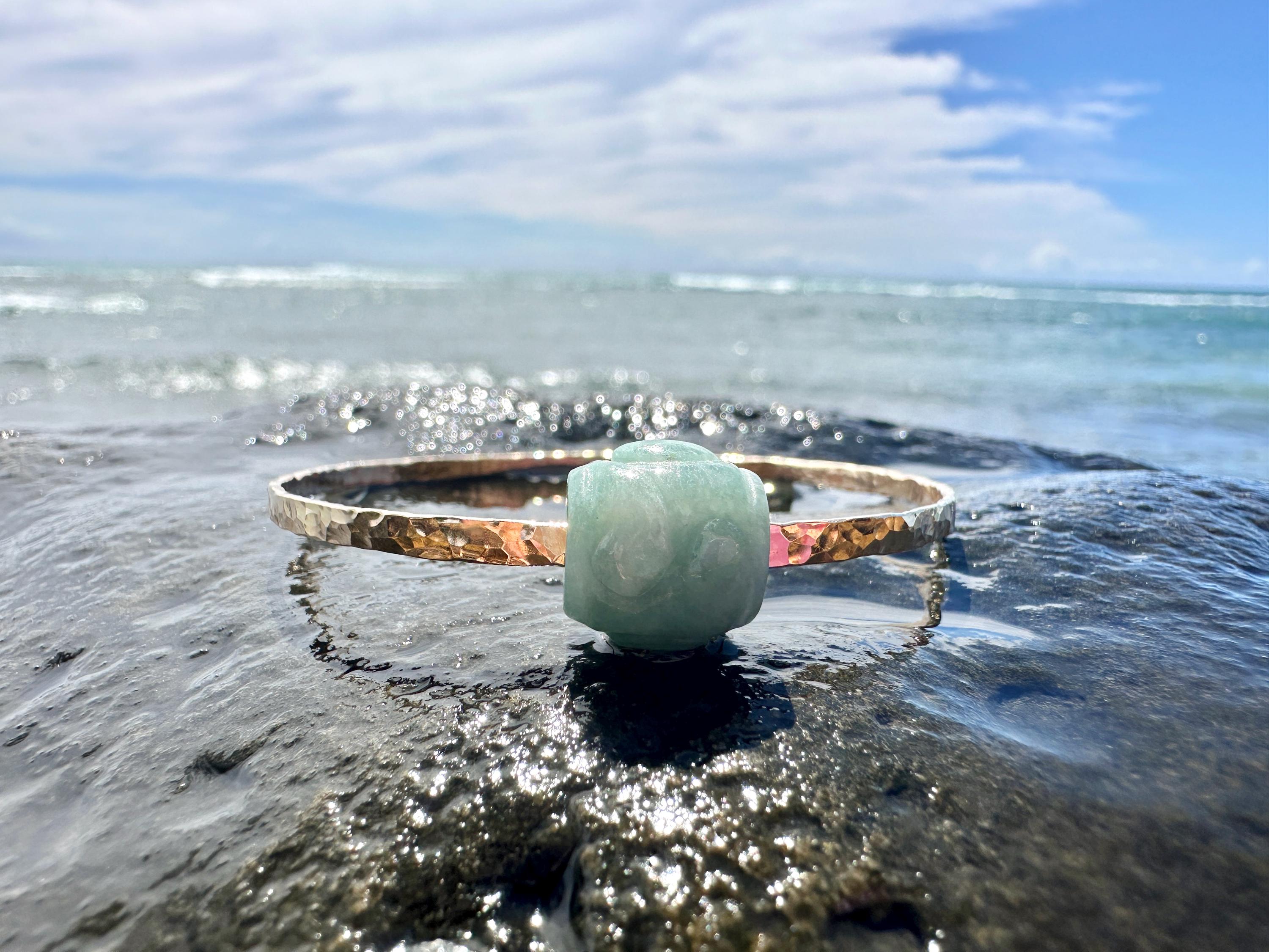 Carved Type A Natural Jade Barrel Bead on a Hammered Bangle