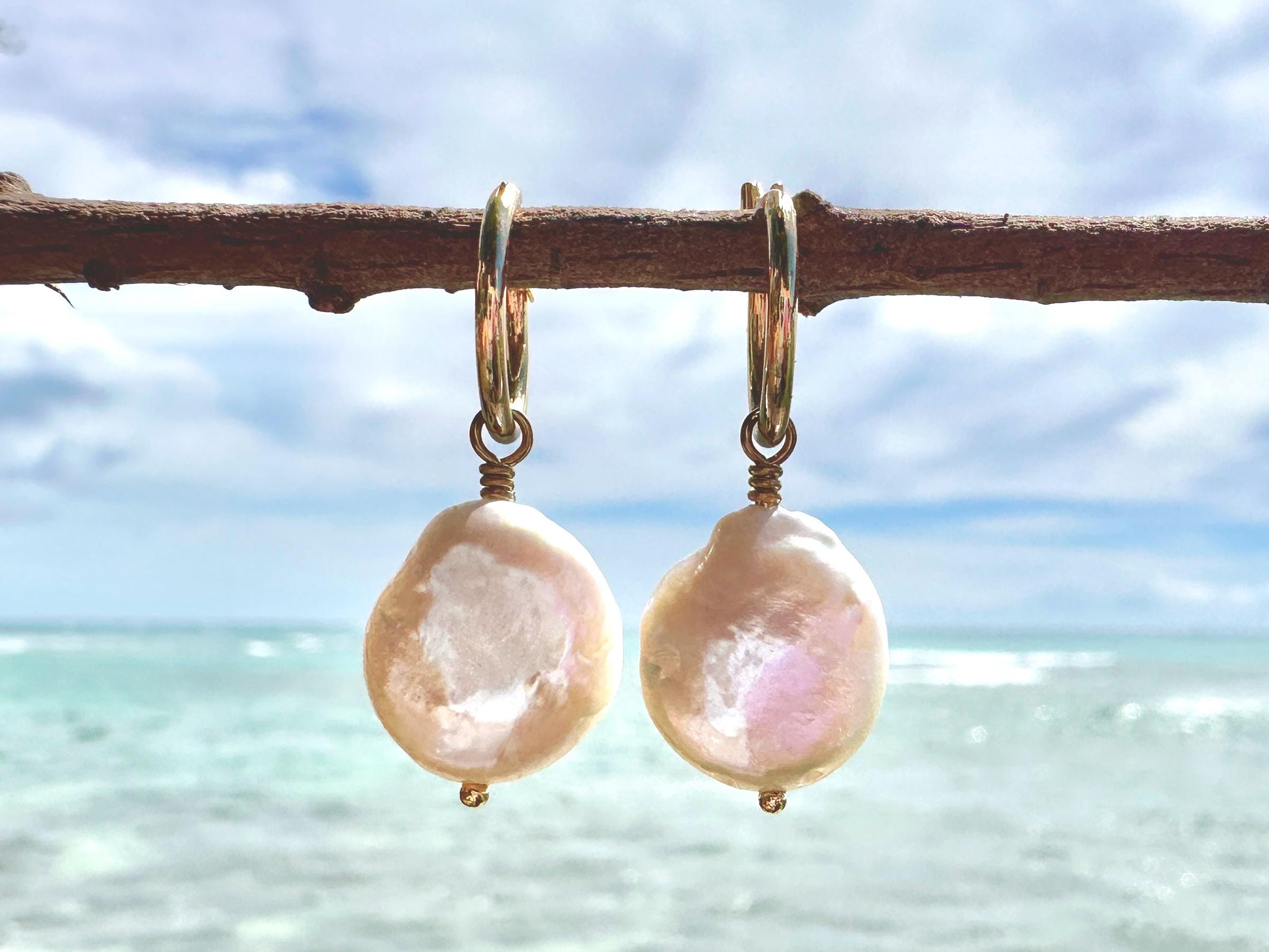 Iridescent White Freshwater Coin Pearl 18K Gold Filled Hoop Earrings