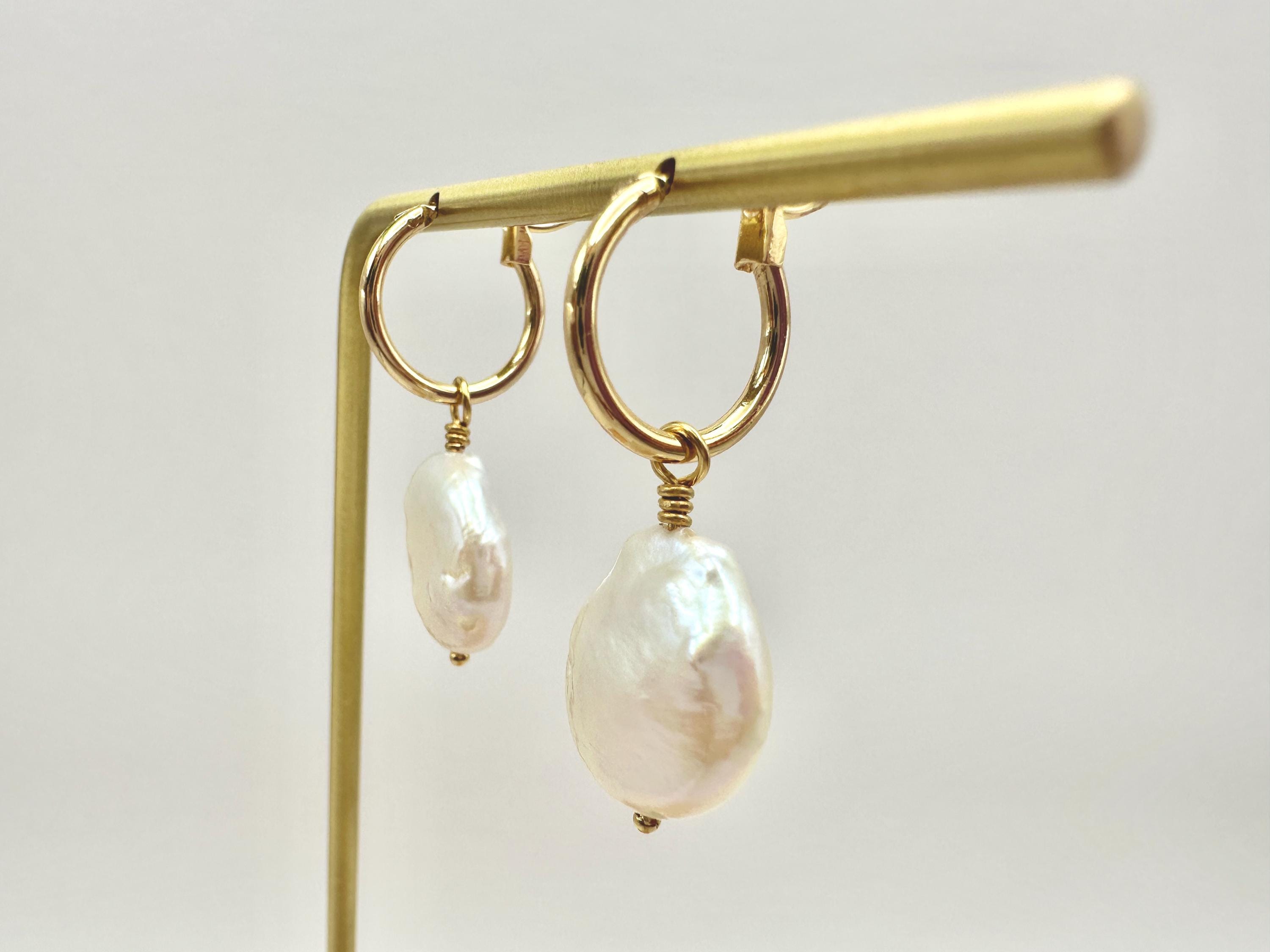 Iridescent White Freshwater Coin Pearl 18K Gold Filled Hoop Earrings