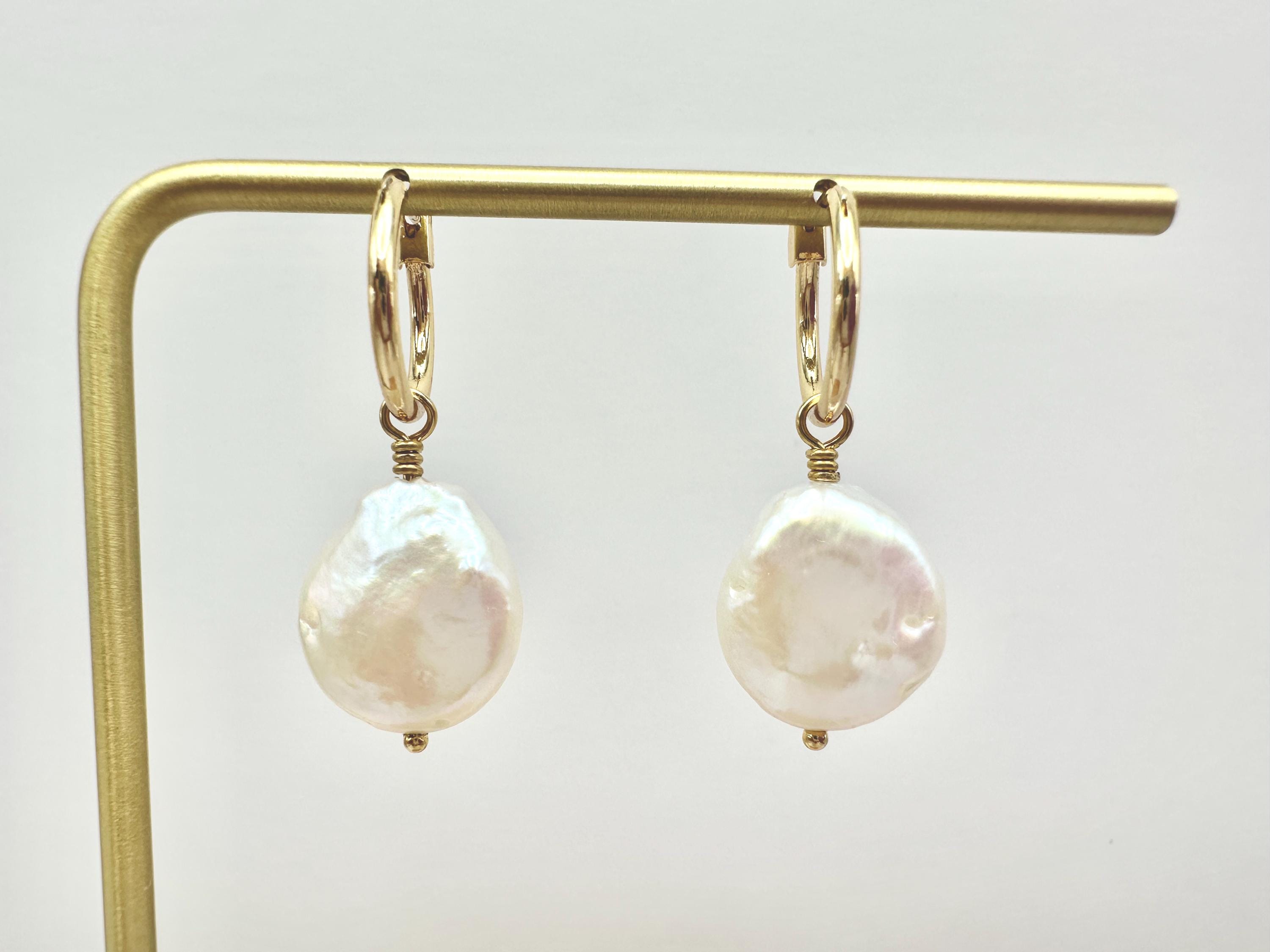 Iridescent White Freshwater Coin Pearl 18K Gold Filled Hoop Earrings