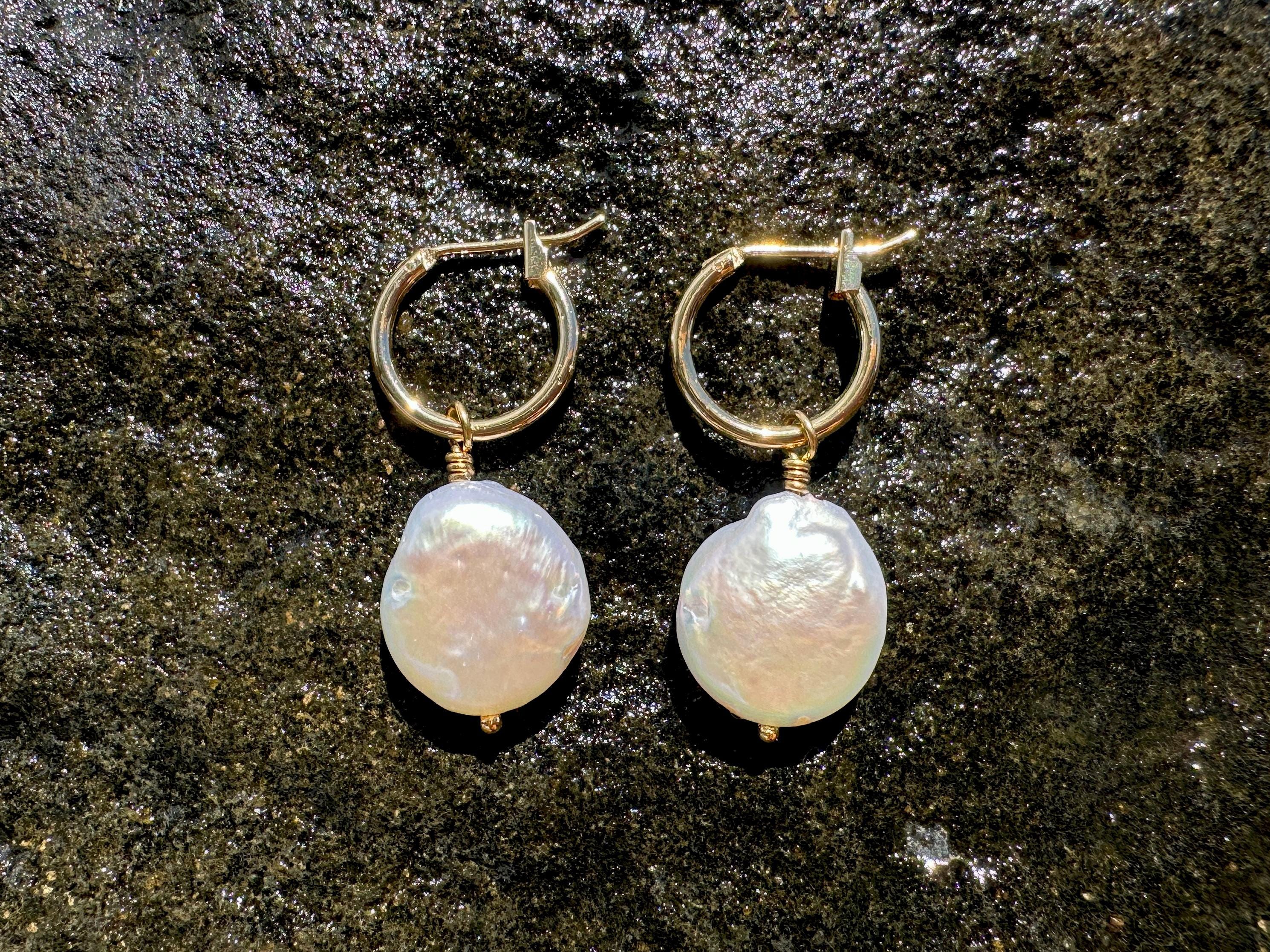 Iridescent White Freshwater Coin Pearl 18K Gold Filled Hoop Earrings