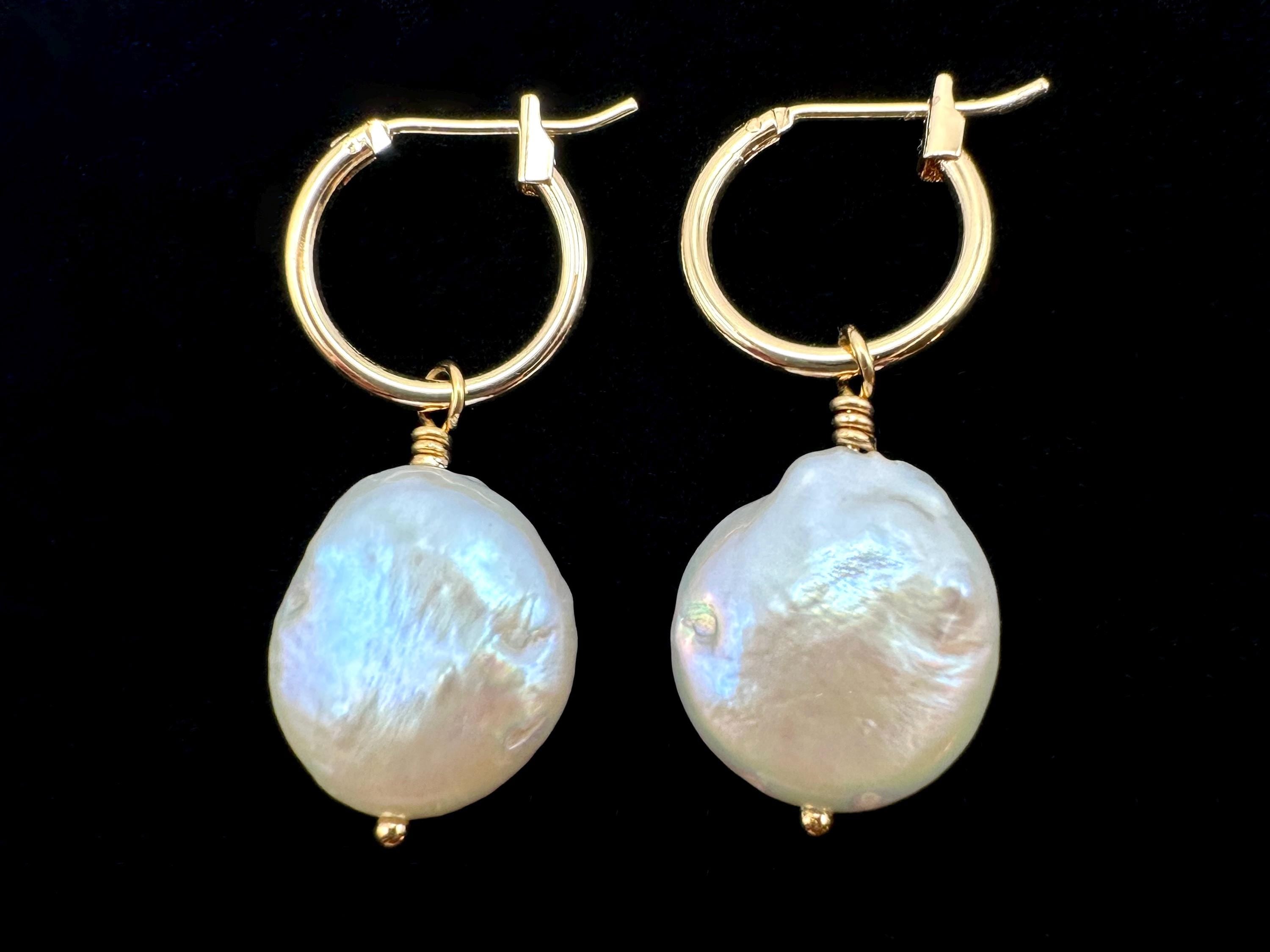 Iridescent White Freshwater Coin Pearl 18K Gold Filled Hoop Earrings