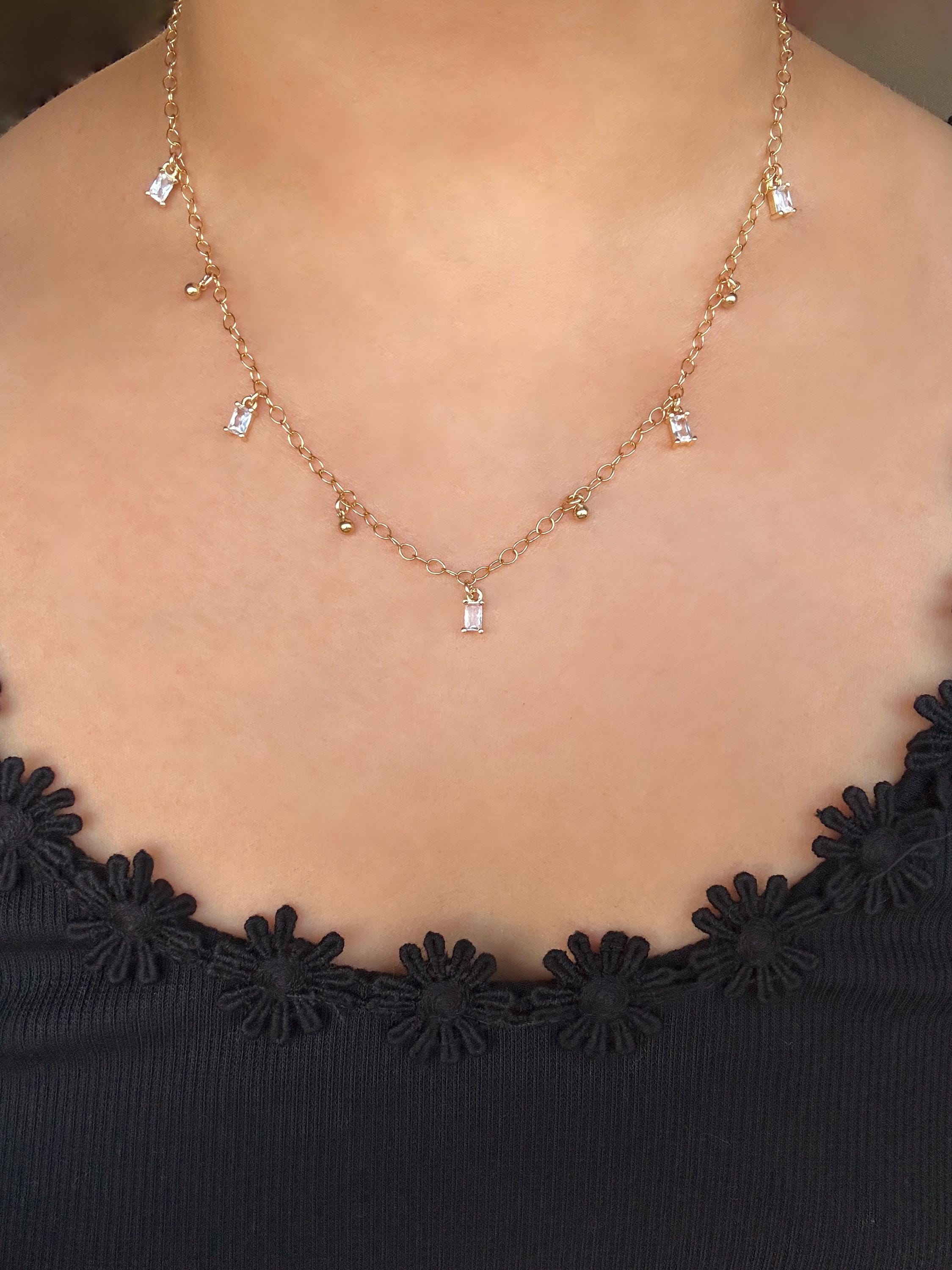 Sparkling Cubic Zirconia Baguette and Ball Drop Charm Necklace on 14K Gold Filled Chain