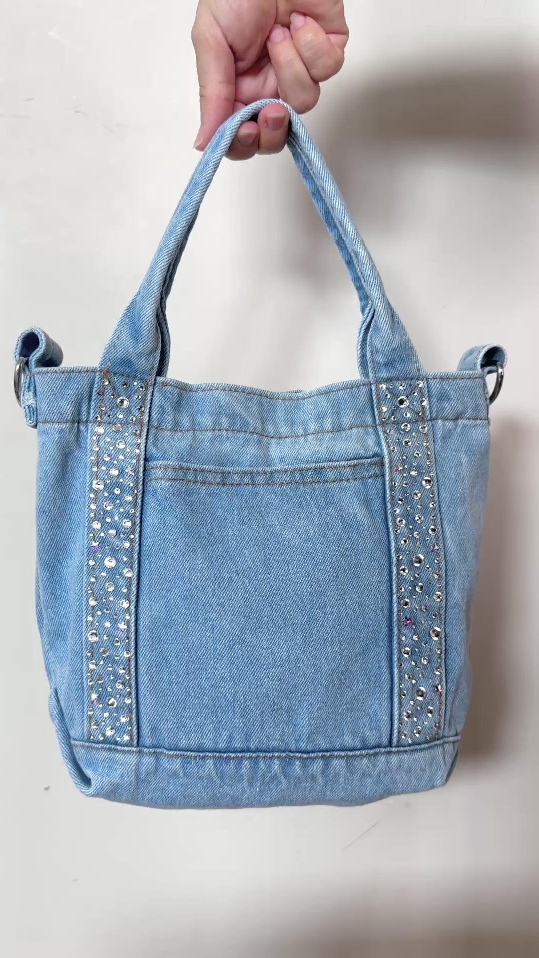 Sparkling Rhinestone Encrusted Blue Jean Crossbody Tote
