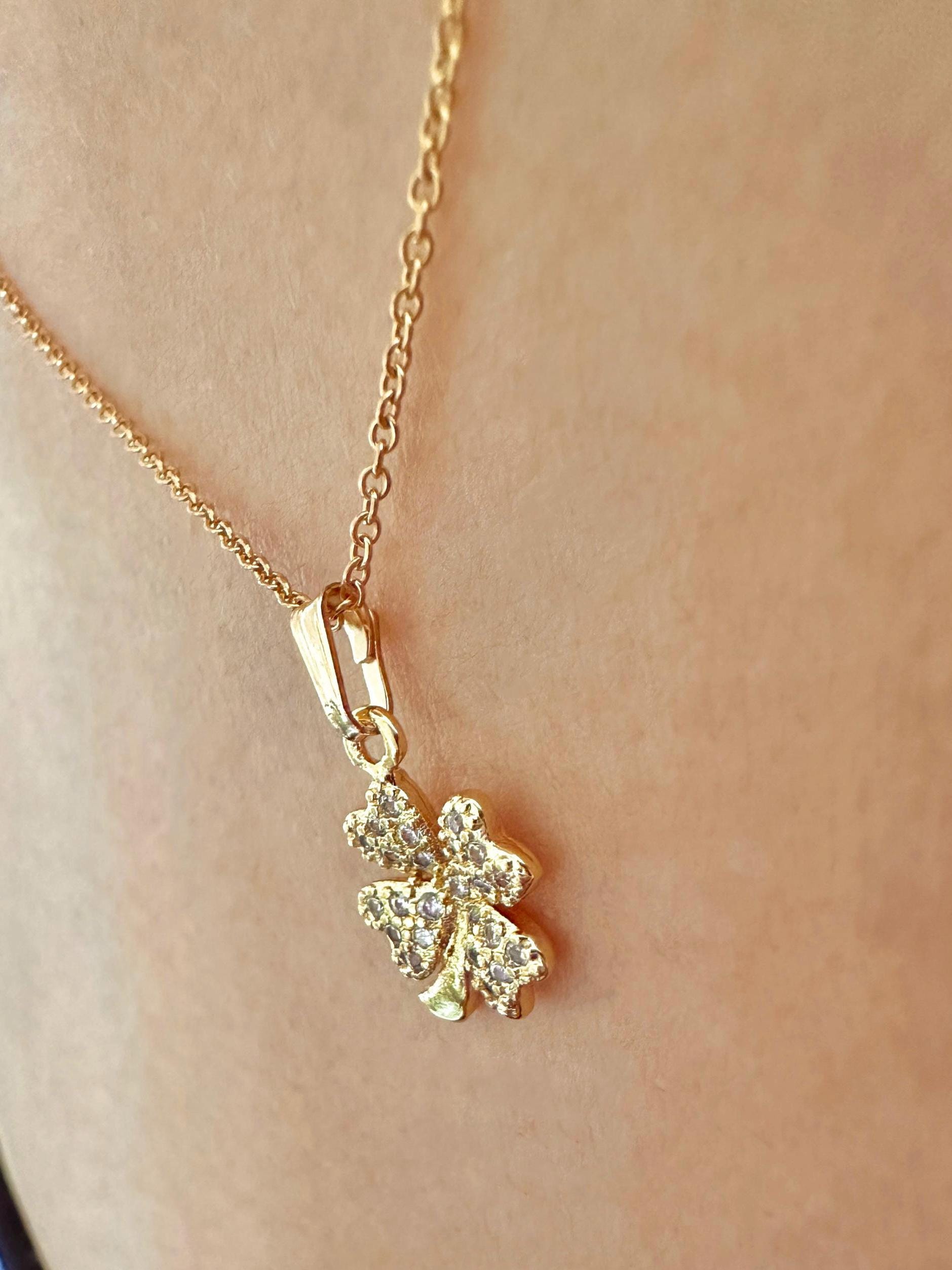 14K Gold Filled Sparkling 4-Leaf Clover Shamrock Charm Necklace Cubic Zirconia Studded