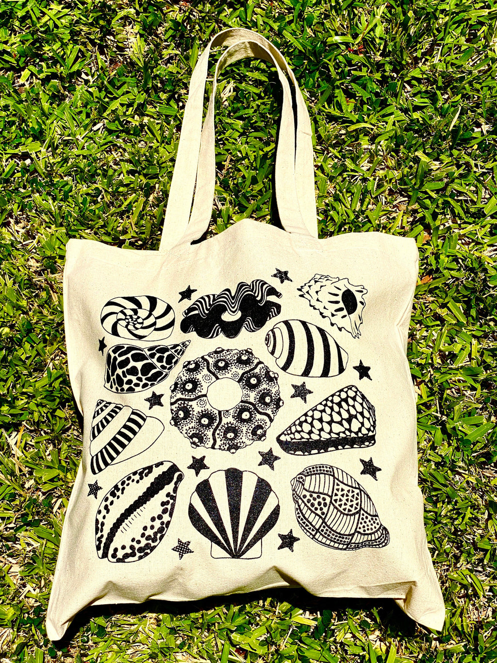 Sea Shell Screen Print Cotton Canvas Tote Bag Reusable Washable Lightweight