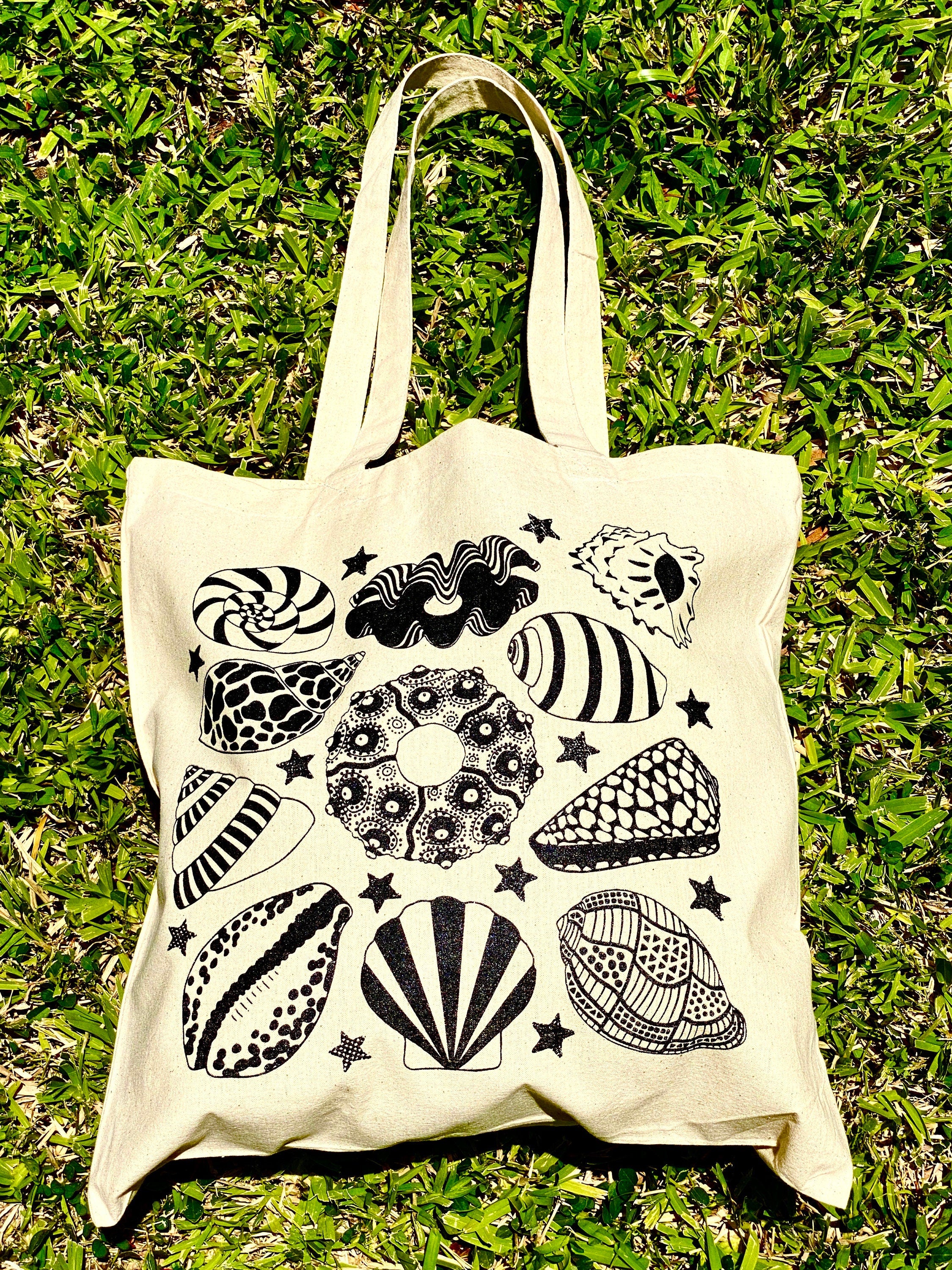 Sea Shell Screen Print Cotton Canvas Tote Bag Reusable Washable Lightweight