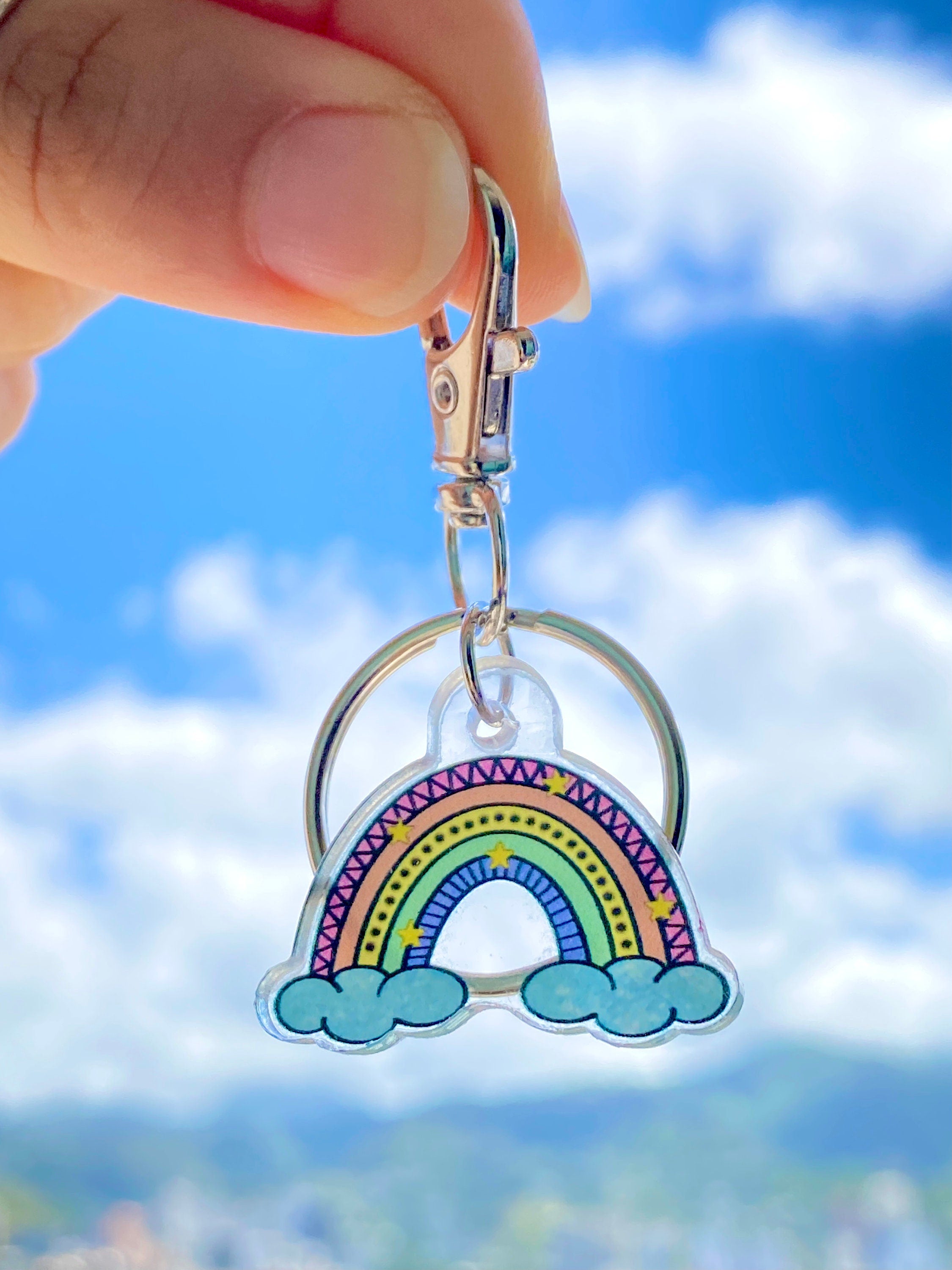 Acrylic 1" Charm Keychain - Rainbow, Monarch Butterfly, Sunrise Shell