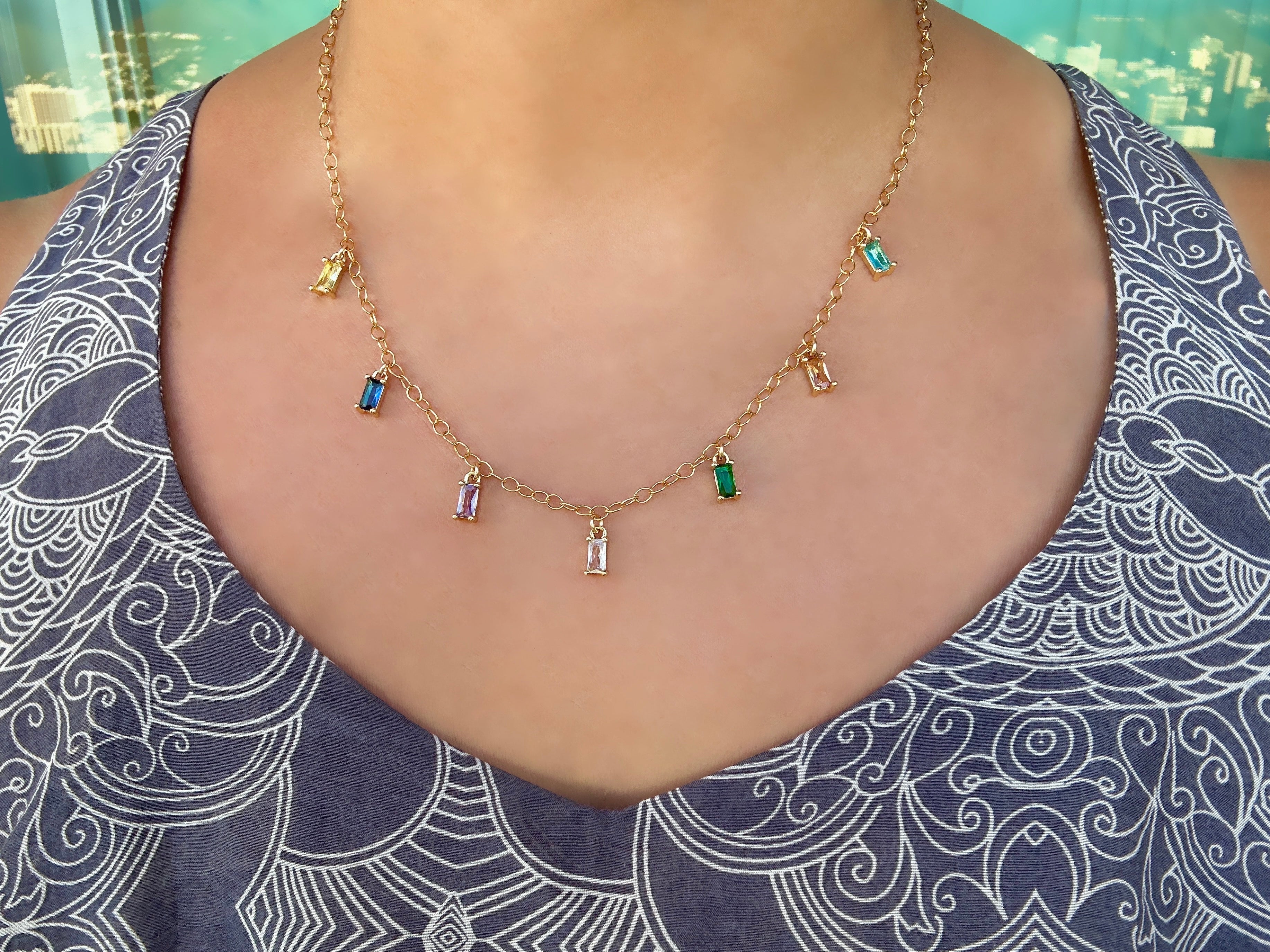 Sparkling Rainbow Cubic Zirconia Baguette Charm Necklace on 14K Gold Filled Chain