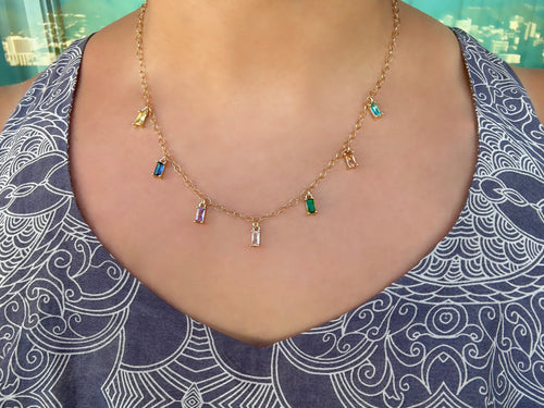 Sparkling Rainbow Cubic Zirconia Baguette Charm Necklace on 14K Gold Filled Chain