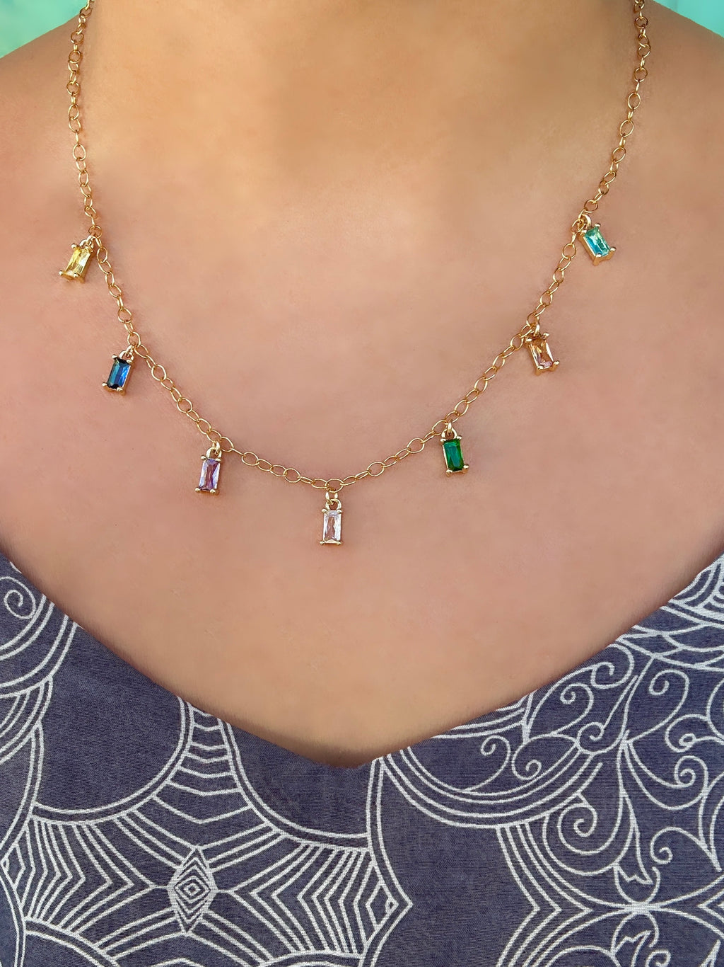 Sparkling Rainbow Cubic Zirconia Baguette Charm Necklace on 14K Gold Filled Chain