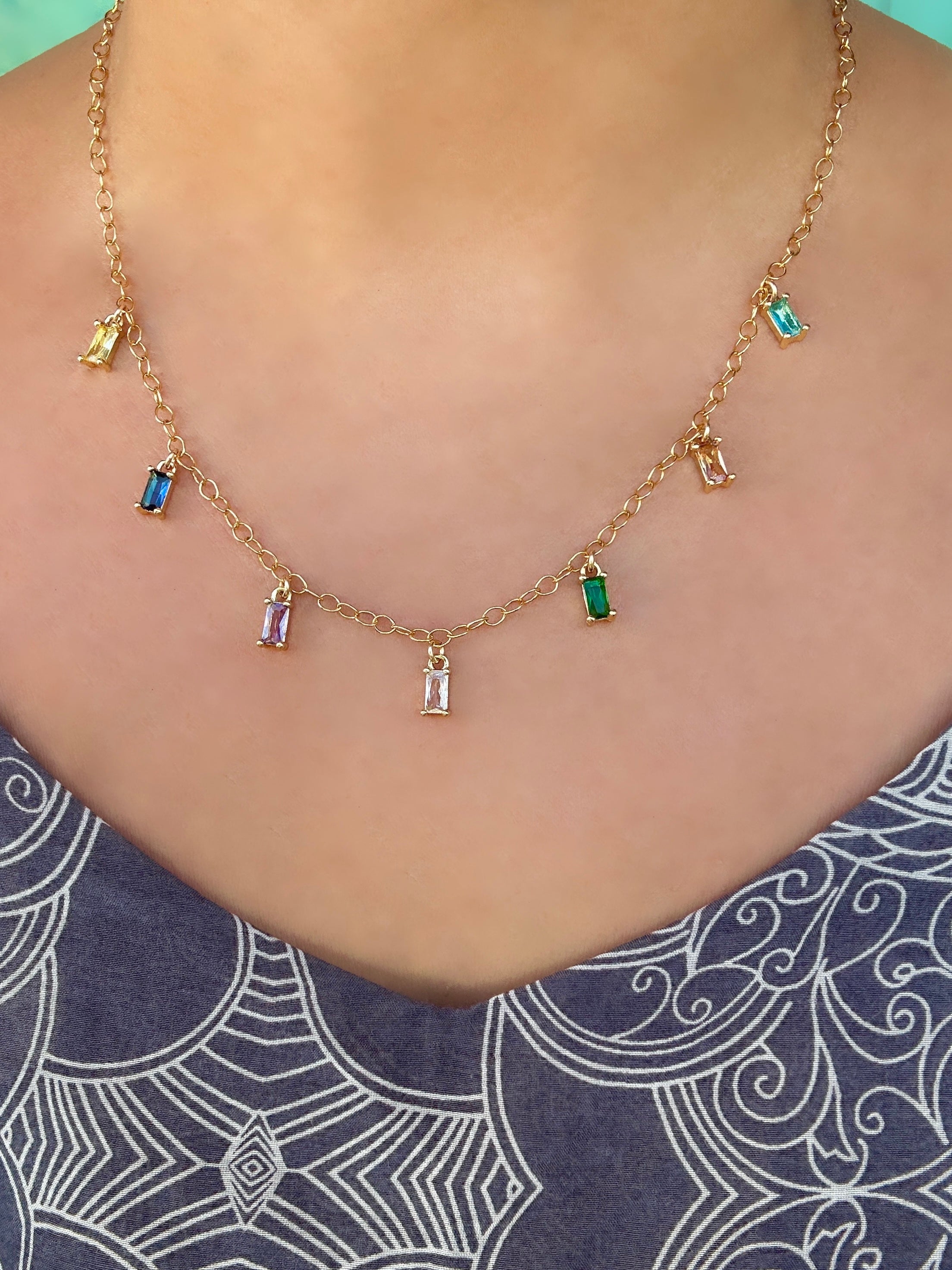 Sparkling Rainbow Cubic Zirconia Baguette Charm Necklace on 14K Gold Filled Chain