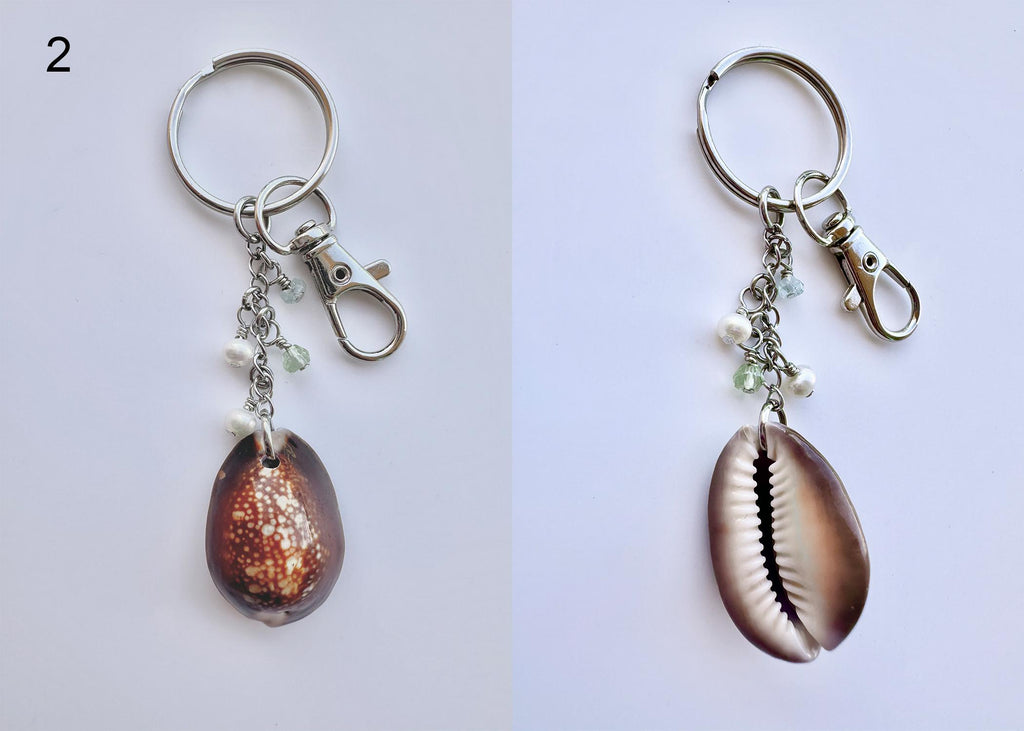 Hawaiian Cone or Cowrie Shell Keychain with Freshwater Pearls and Aquamarine
