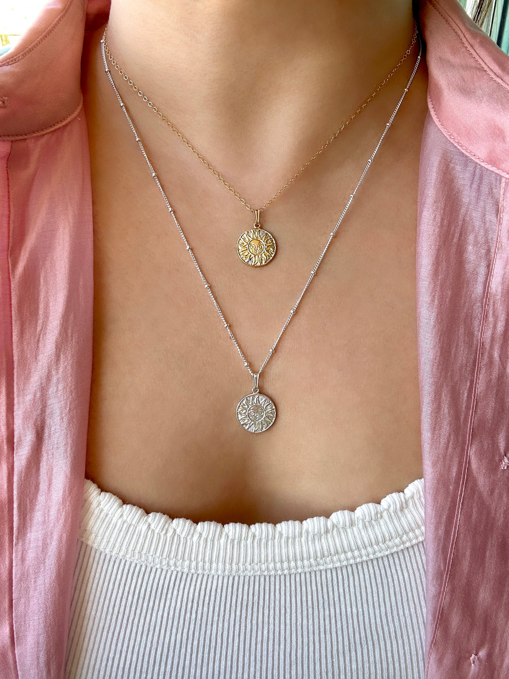 Sun Medallion Charm Necklace in Gold or Silver