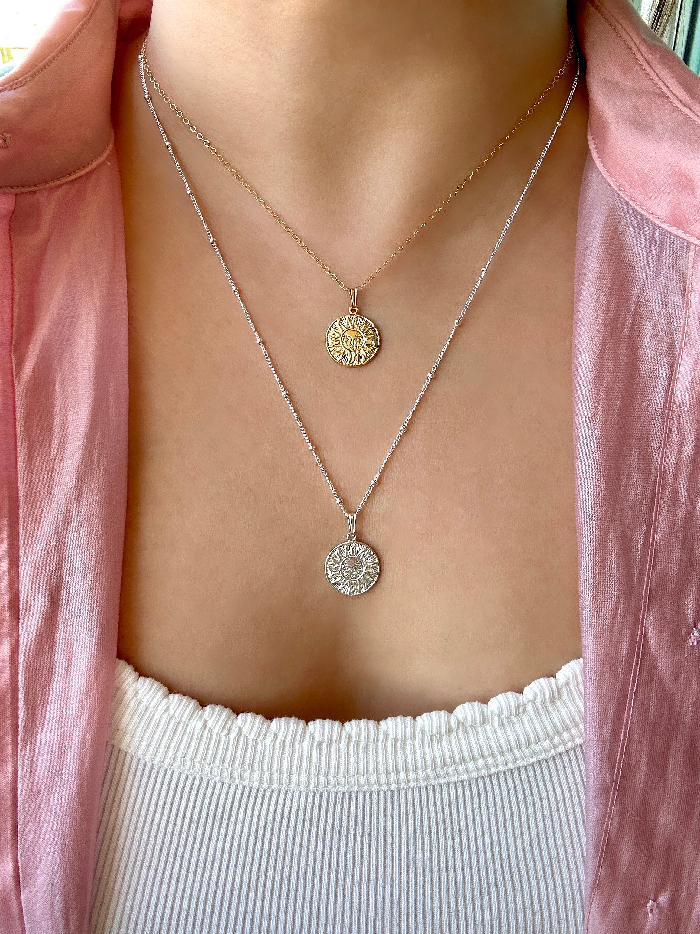 Sun Medallion Charm Necklace in Gold or Silver
