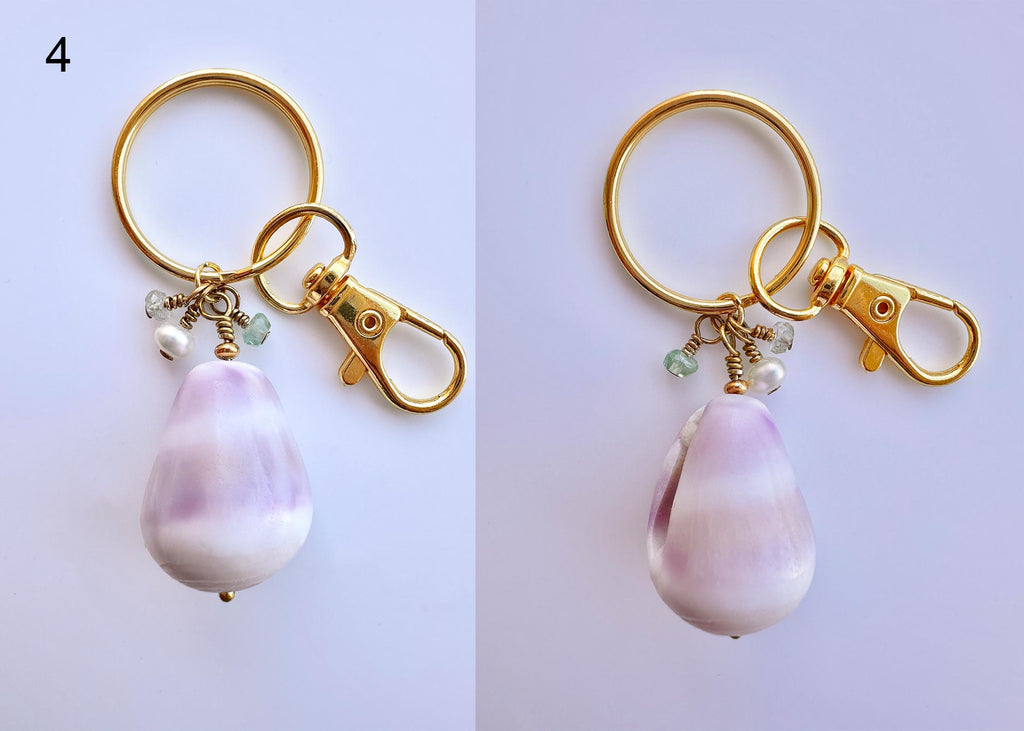 Hawaiian Cone or Cowrie Shell Keychain with Freshwater Pearls and Aquamarine