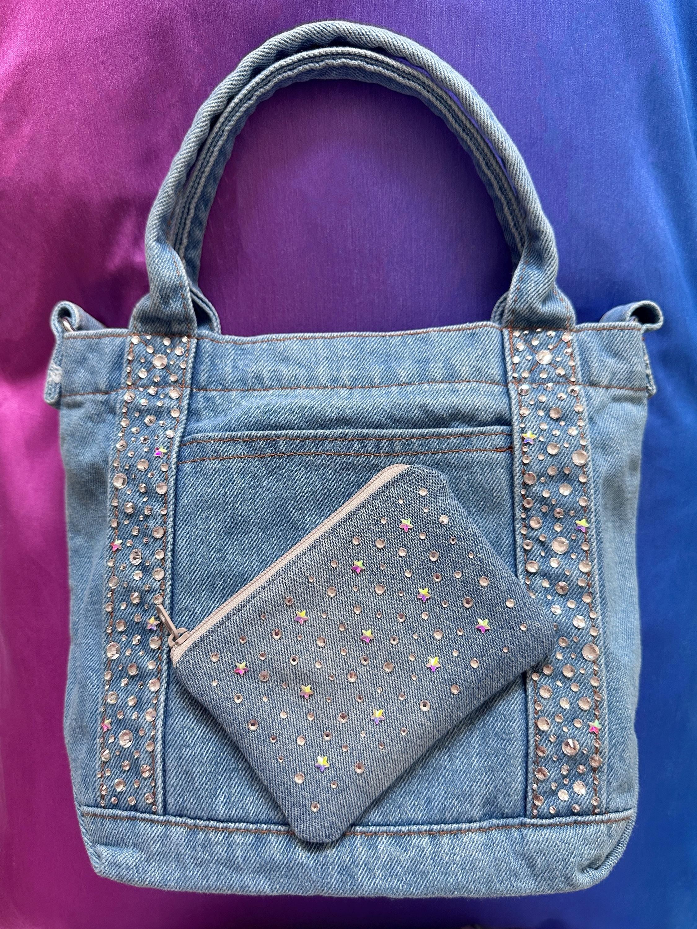 Sparkling Rhinestone Encrusted Blue Jean Crossbody Tote
