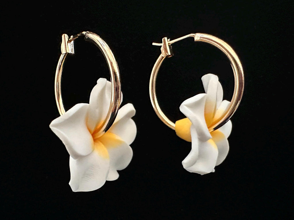 Gold Hoop Plumeria Earrings Hawaiian Frangipani Polymer Clay Flowers
