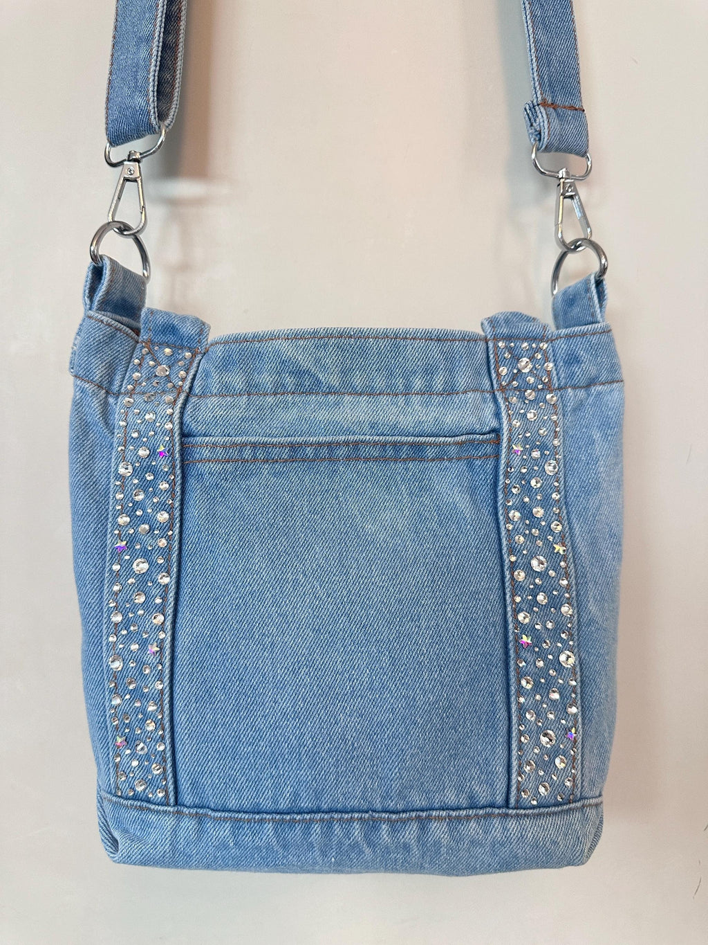 Sparkling Rhinestone Encrusted Blue Jean Crossbody Tote