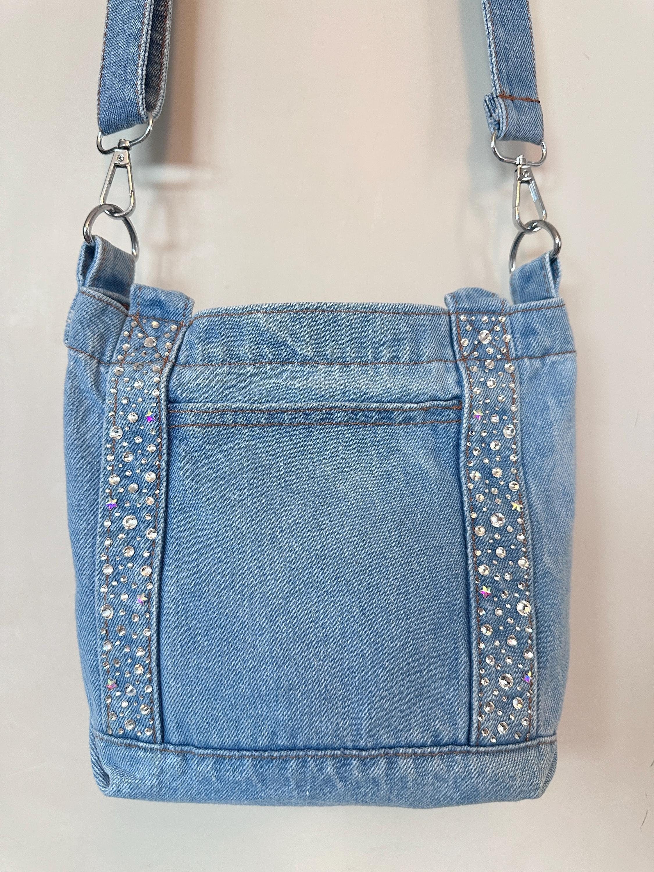 Sparkling Rhinestone Encrusted Blue Jean Crossbody Tote
