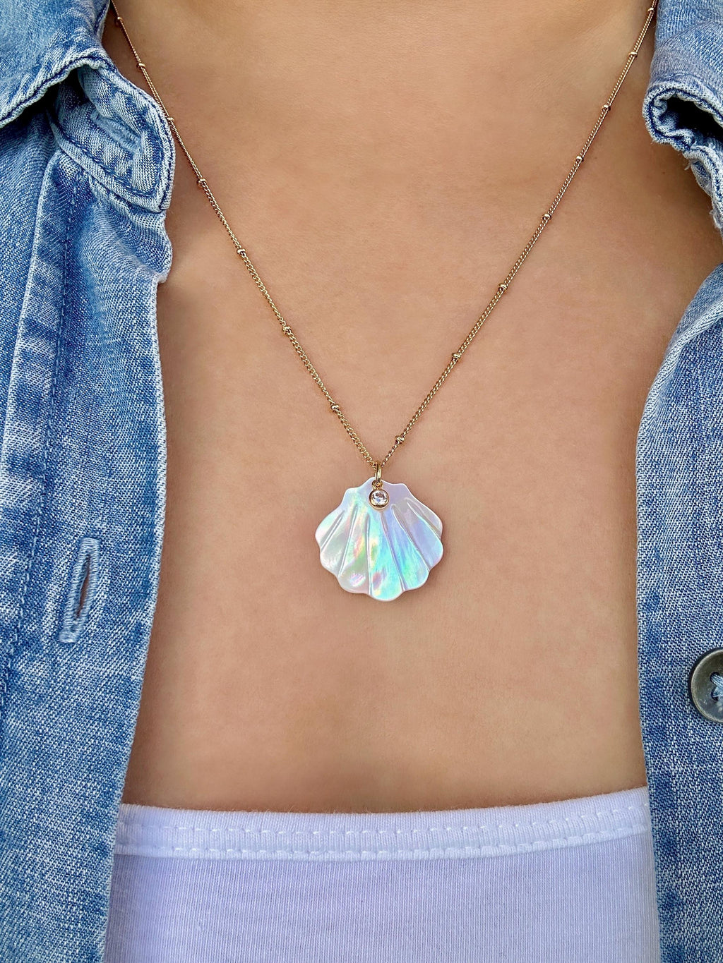 Mother of Pearl Scallop Shell with Sparkling Cubic Zirconia Charm Necklace on 14K Gold Filled Chain