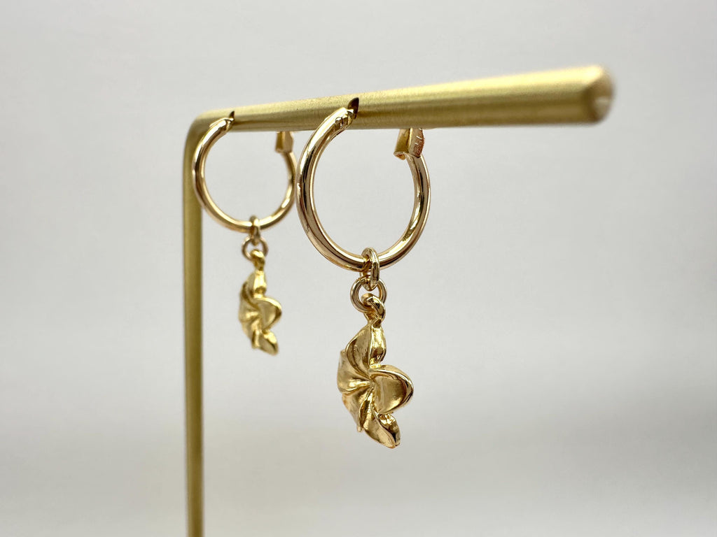 Plumeria Flower Hawaiian Frangipani Charm 18K Gold Filled Hoop Earrings