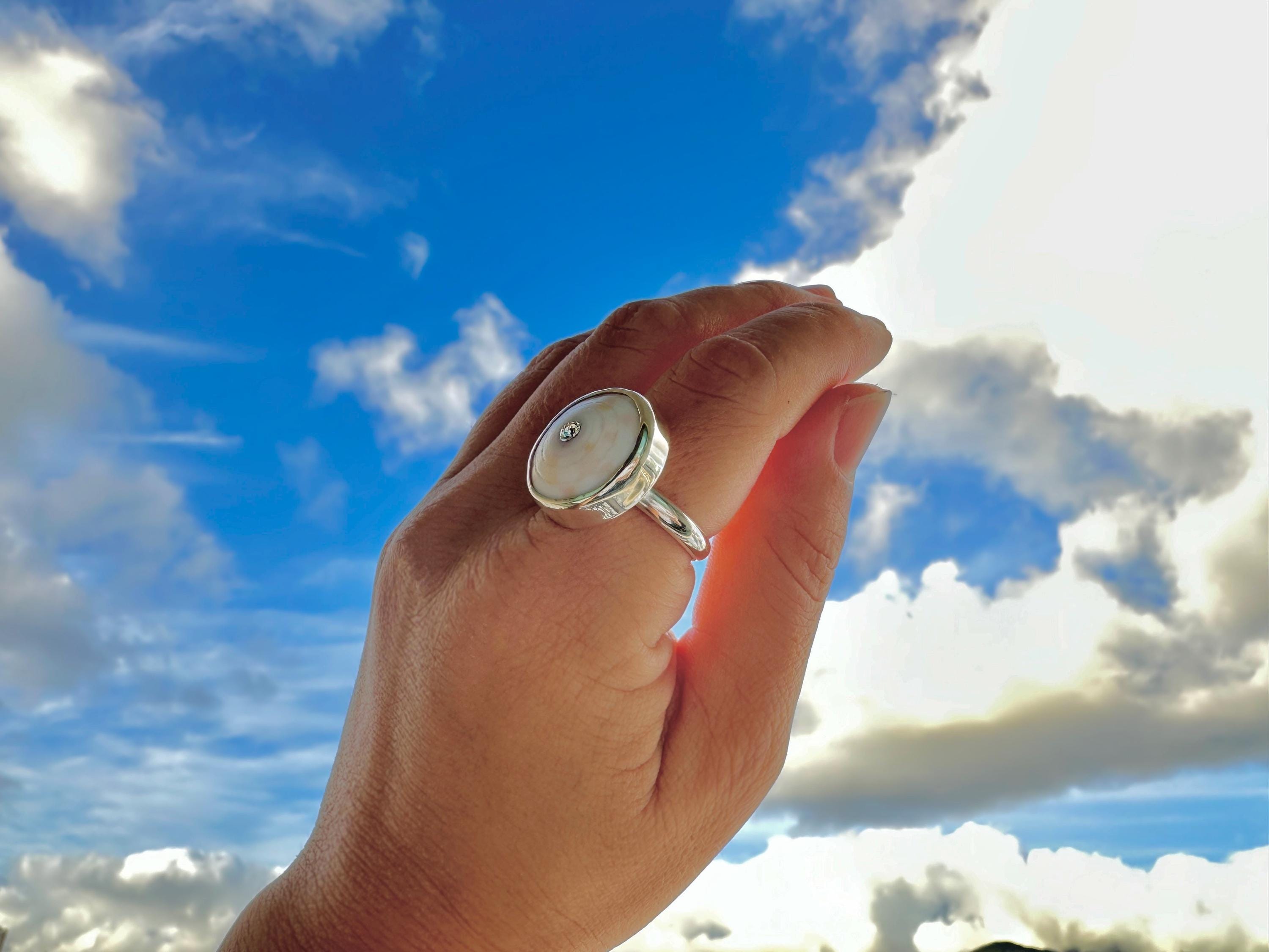 Hawaiian Puka Shell with Swarovski Crystal Sterling Silver Bezel Set Ring