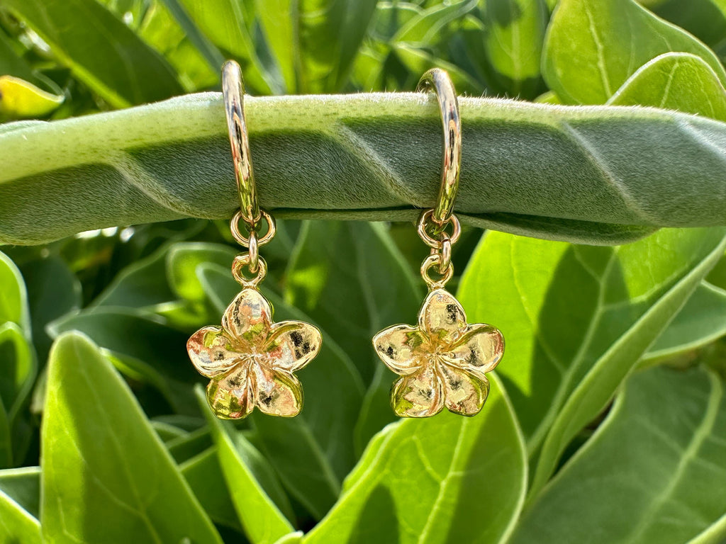 Plumeria Flower Hawaiian Frangipani Charm 18K Gold Filled Hoop Earrings