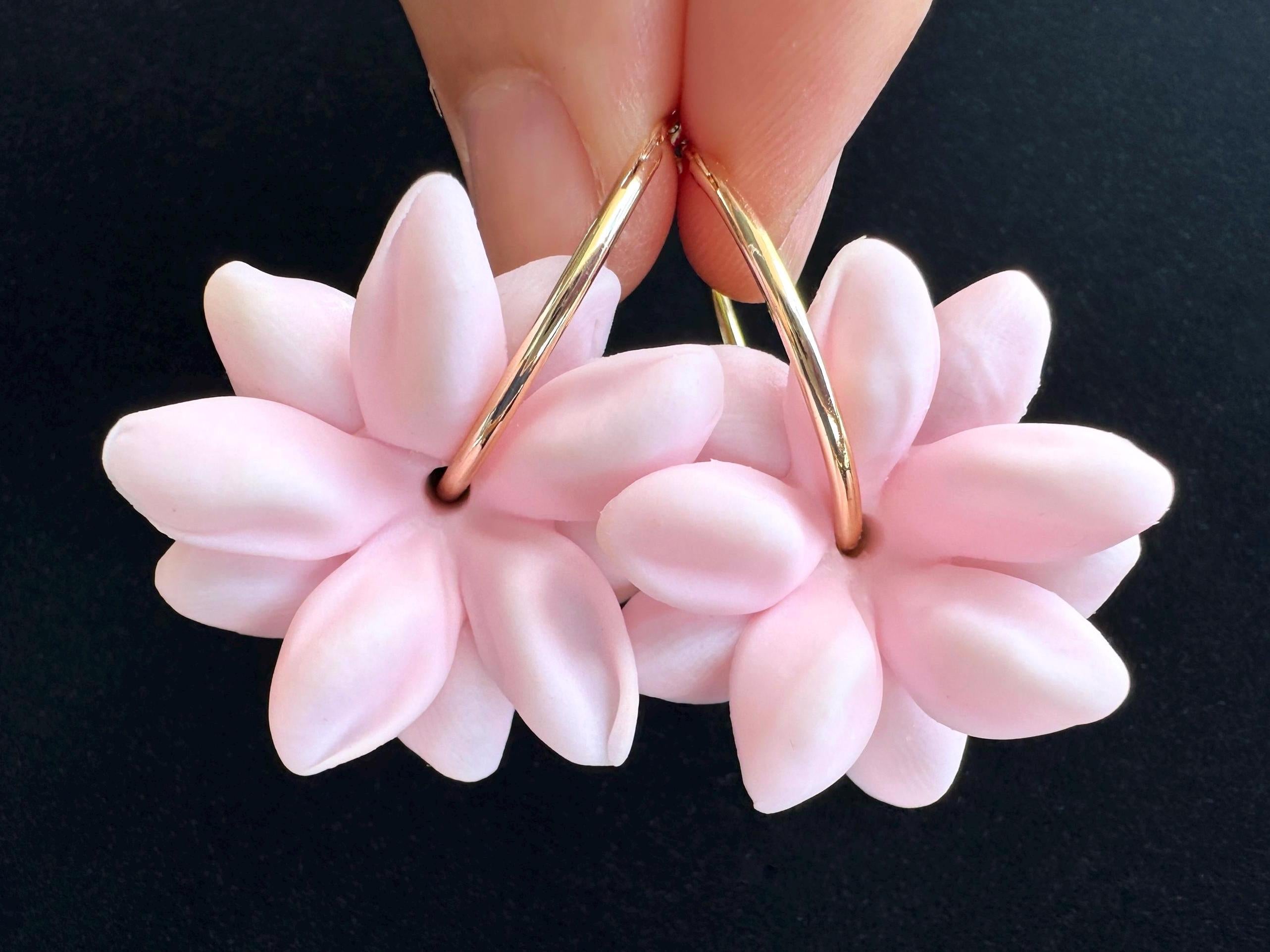 Pink Pikake 18K Gold Filled Hoop Earrings Hawaiian Jasmine Clay Flowers