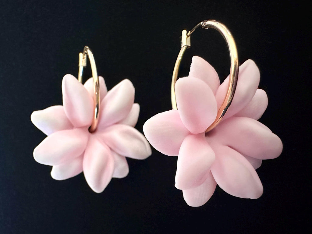 Pink Pikake 18K Gold Filled Hoop Earrings Hawaiian Jasmine Clay Flowers