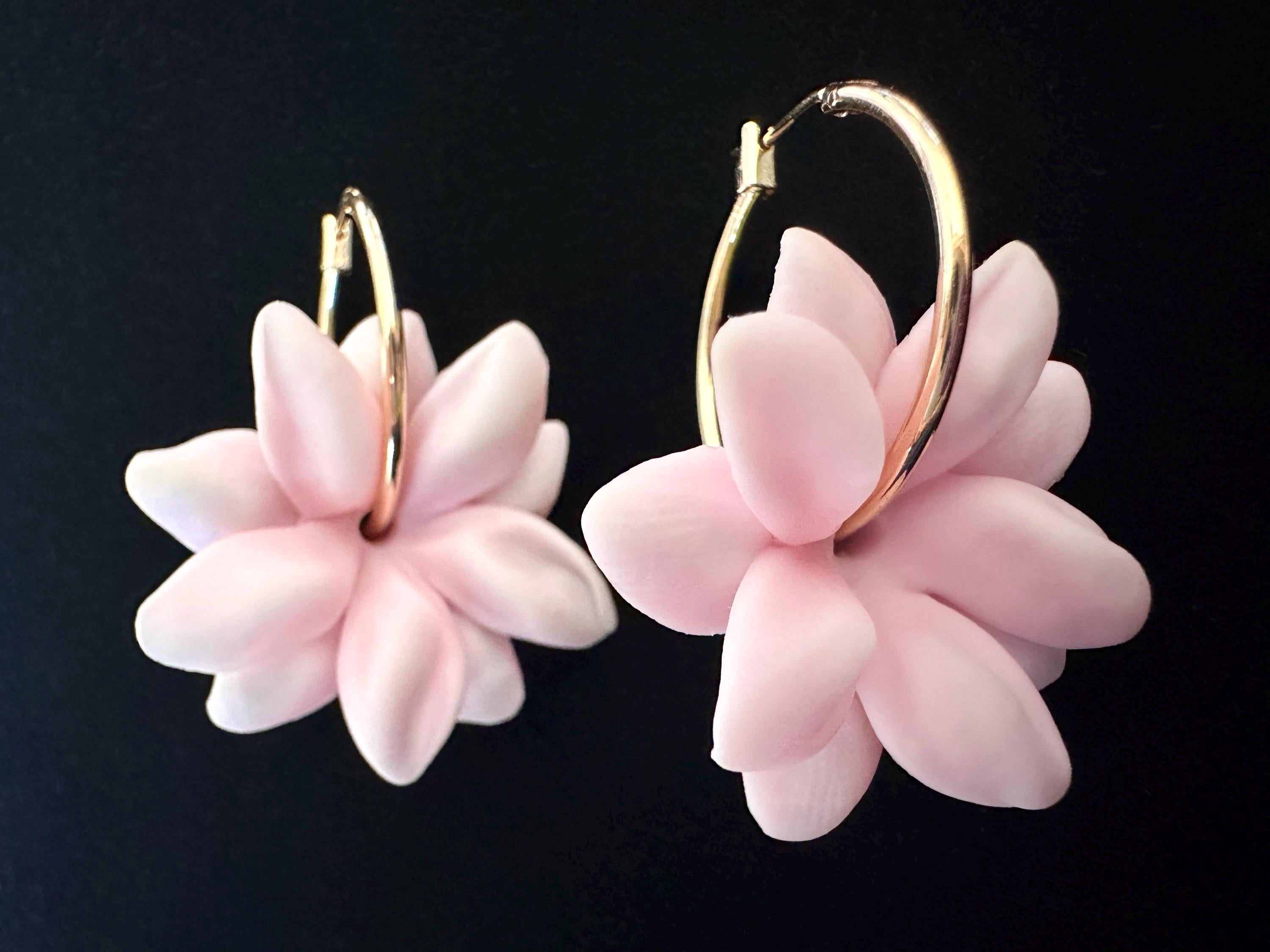 Pink Pikake 18K Gold Filled Hoop Earrings Hawaiian Jasmine Clay Flowers