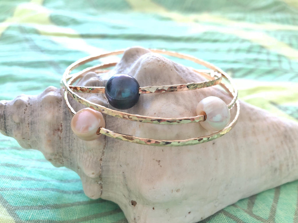Hammered Bangle with a Single Freshwater Pearl
