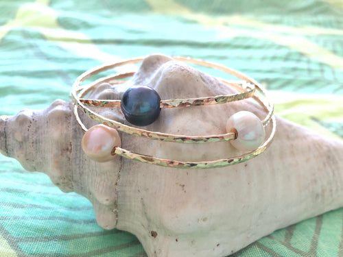 Hammered Bangle with a Single Freshwater Pearl