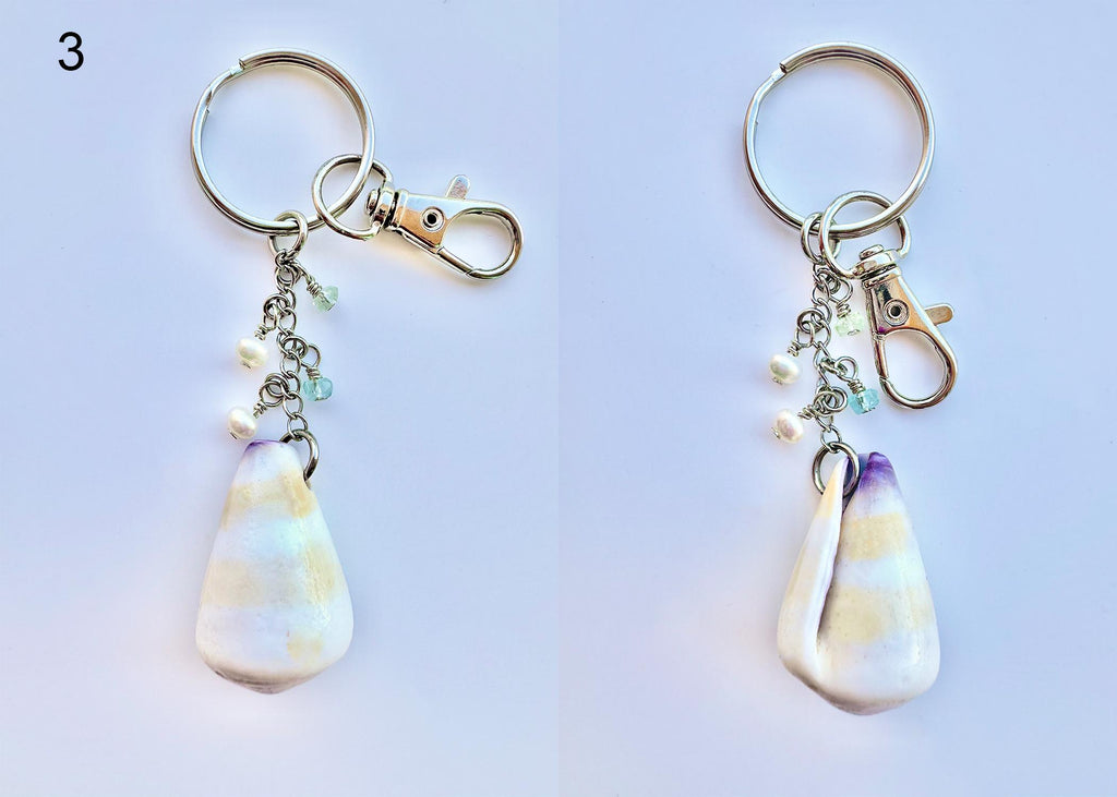 Hawaiian Cone or Cowrie Shell Keychain with Freshwater Pearls and Aquamarine