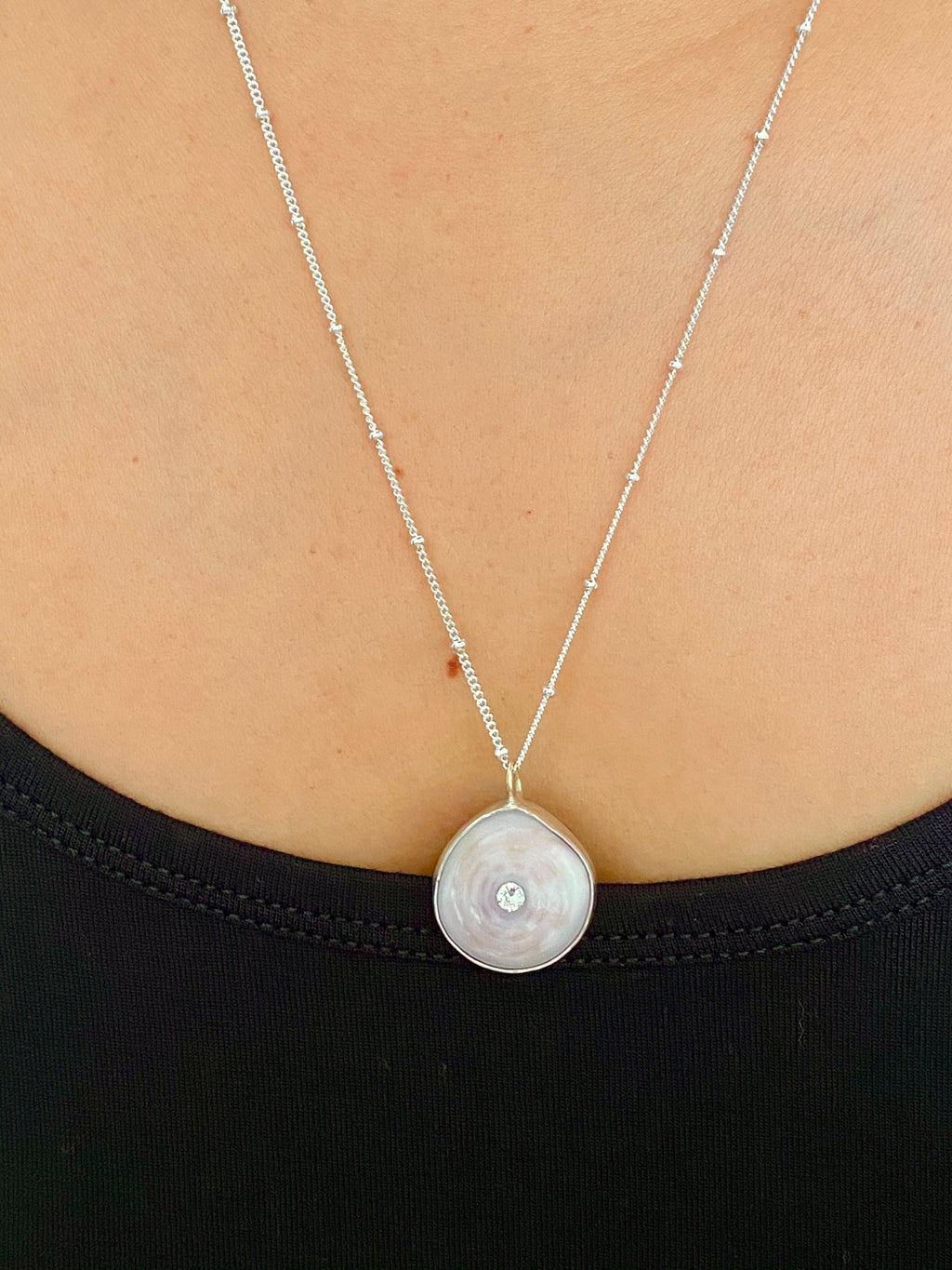Hawaiian Puka Shell Bezel Set with Swarovski Crystal Necklace in Sterling Silver